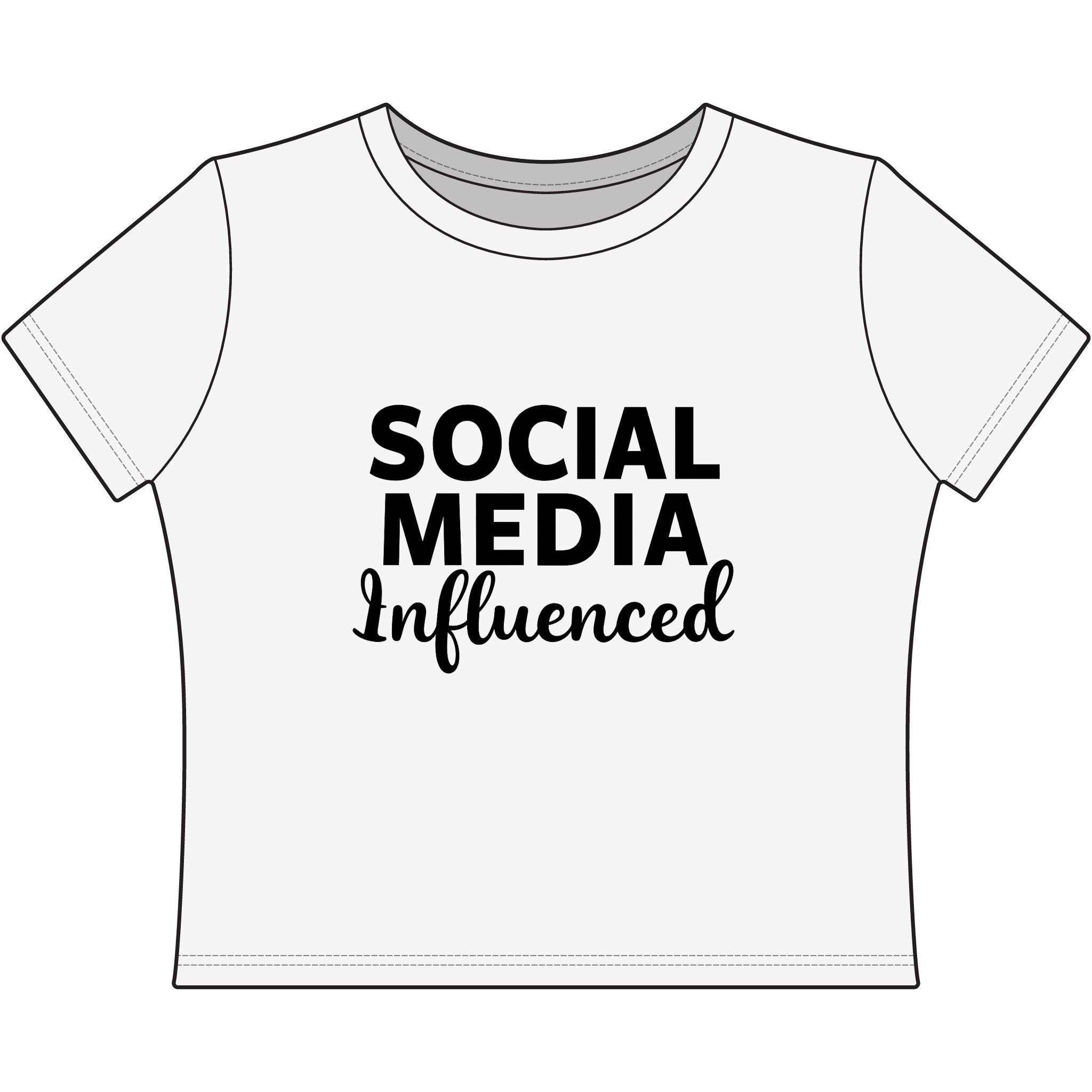 White t-shirt with 'SOCIAL MEDIA Influenced' text on a white background