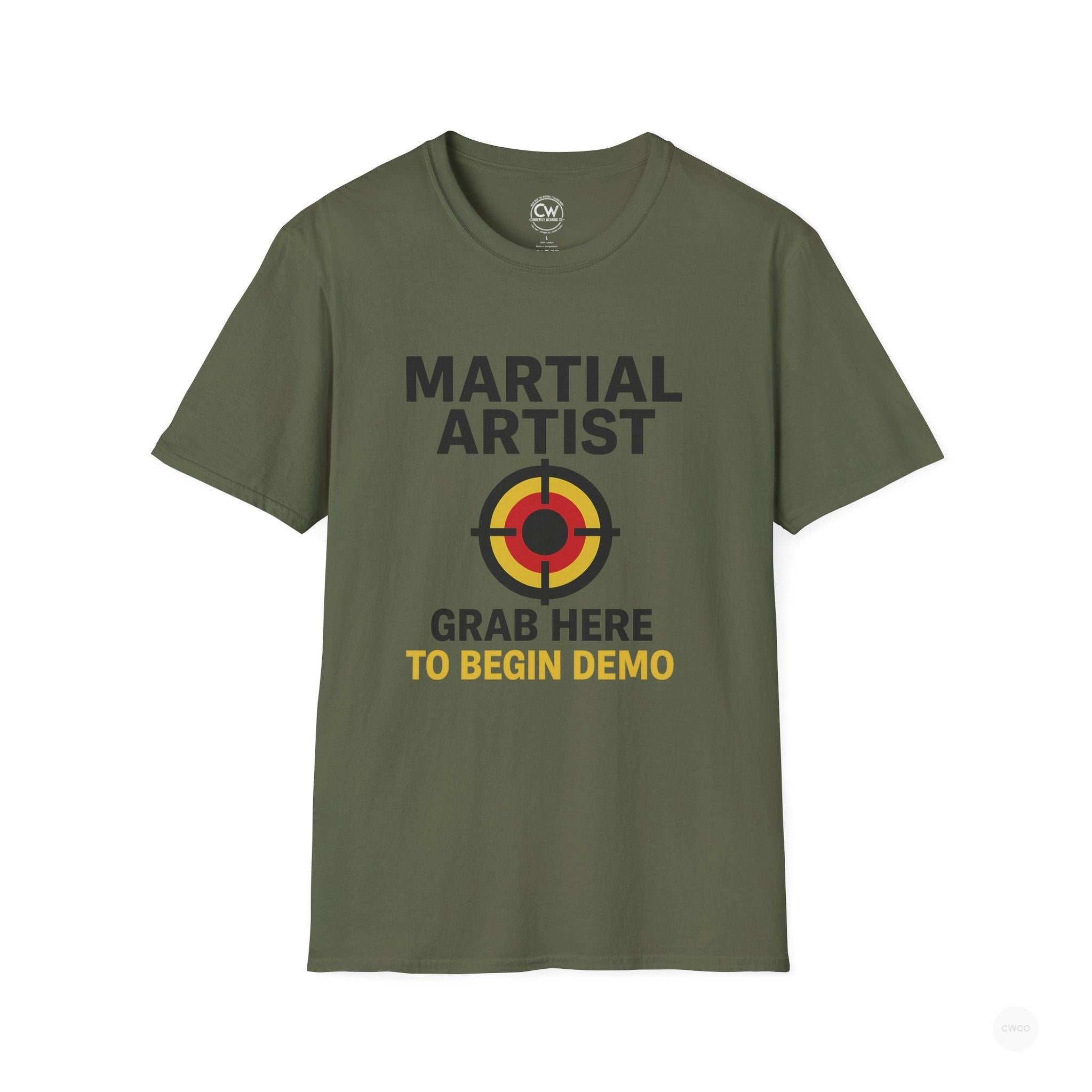 Martial Artist: Grab Here to Begin Demo Funny Self-Defense Humor Unisex Softstyle T-Shirt | Perfect for Training, Gifts for Martial Arts Lovers, Workout, Casual Wear, Everyday Use