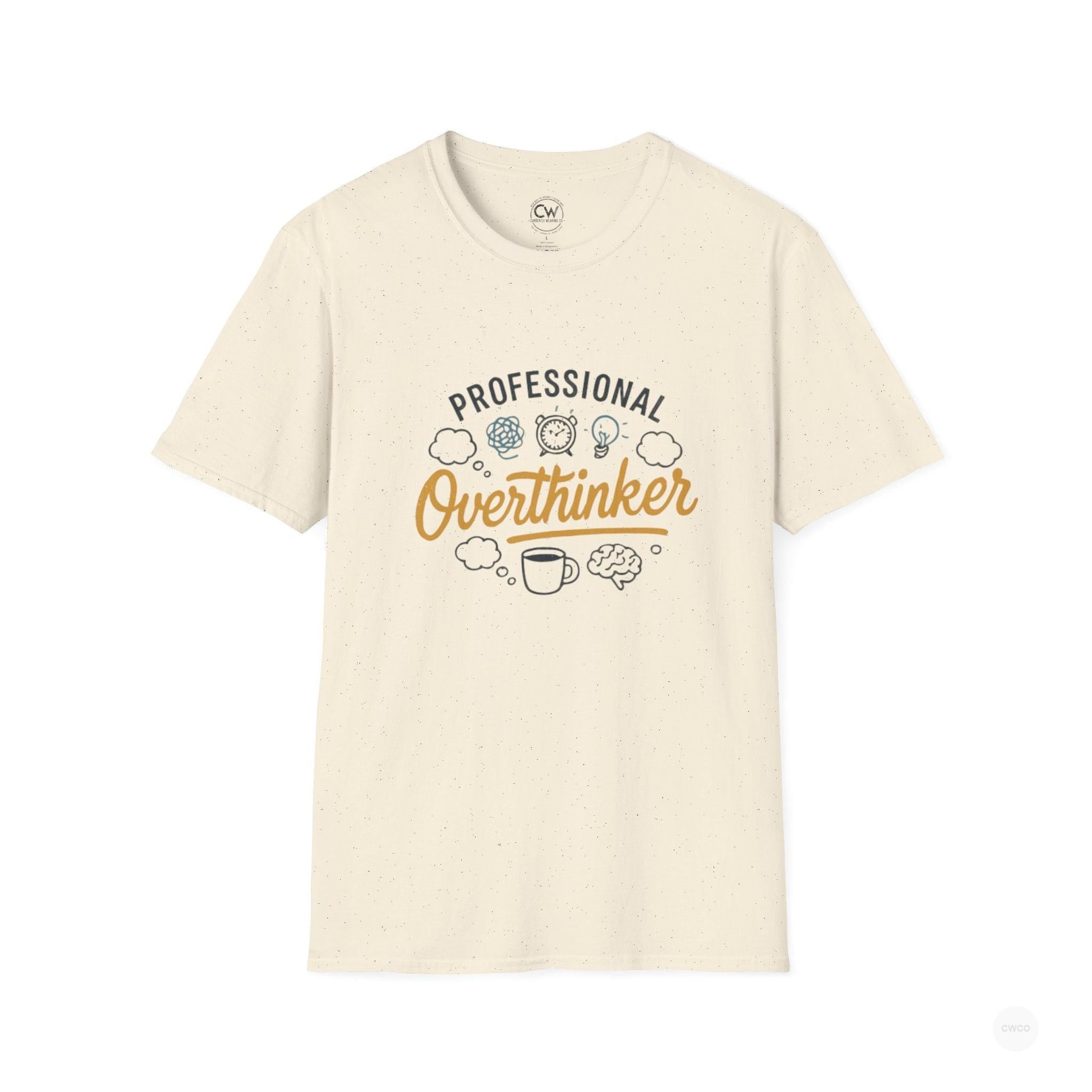 Beige t-shirt with 'Professional Overthinker' text and graphics on a white background