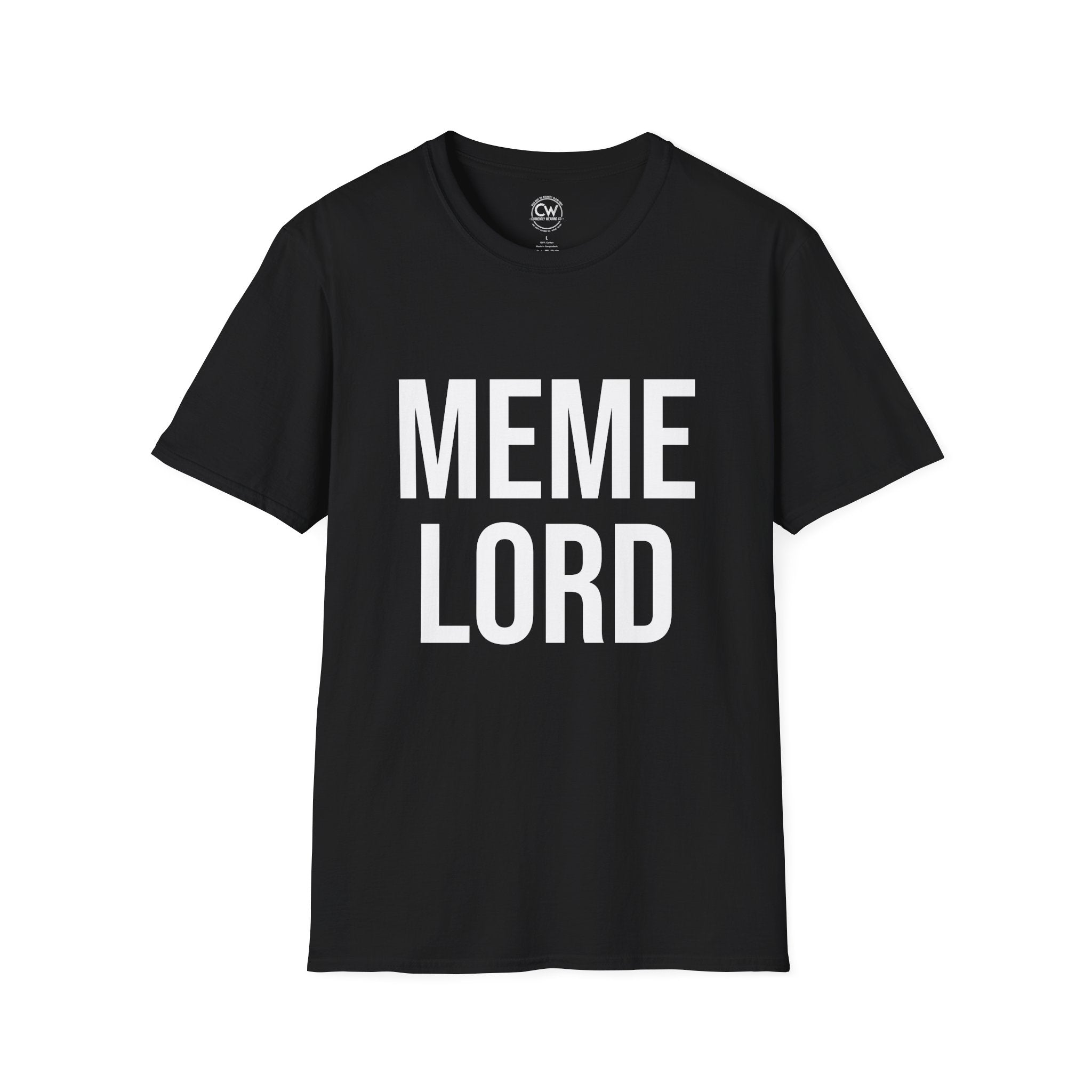 Black t-shirt with 'MEME LORD' text on a white background