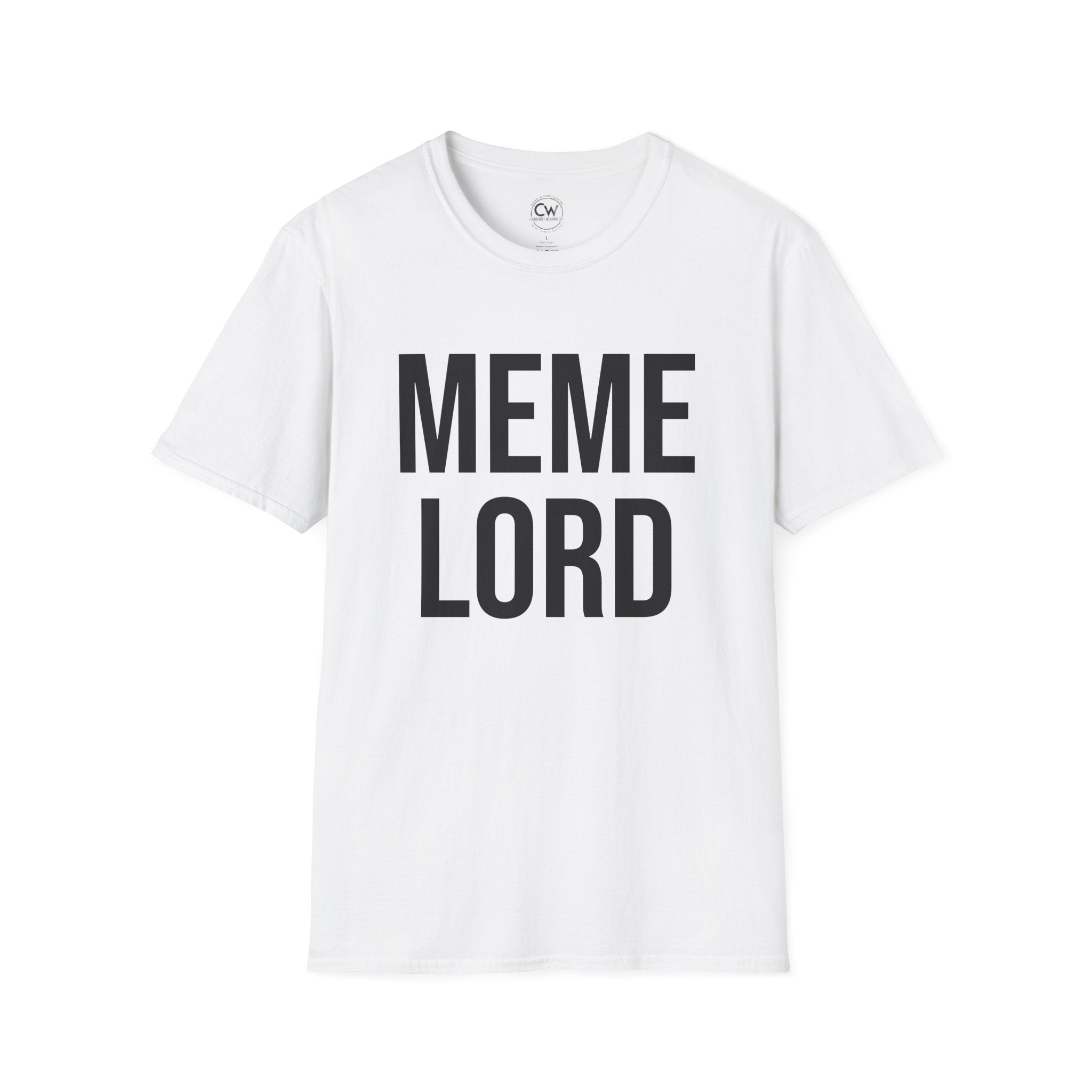 White t-shirt with 'MEME LORD' text on a white background