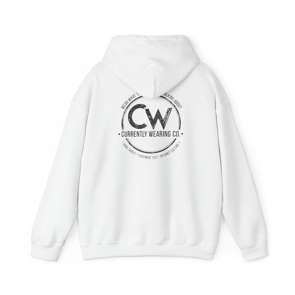 White hoodie with 'Currently Wearing Co' logo on the back against a white background