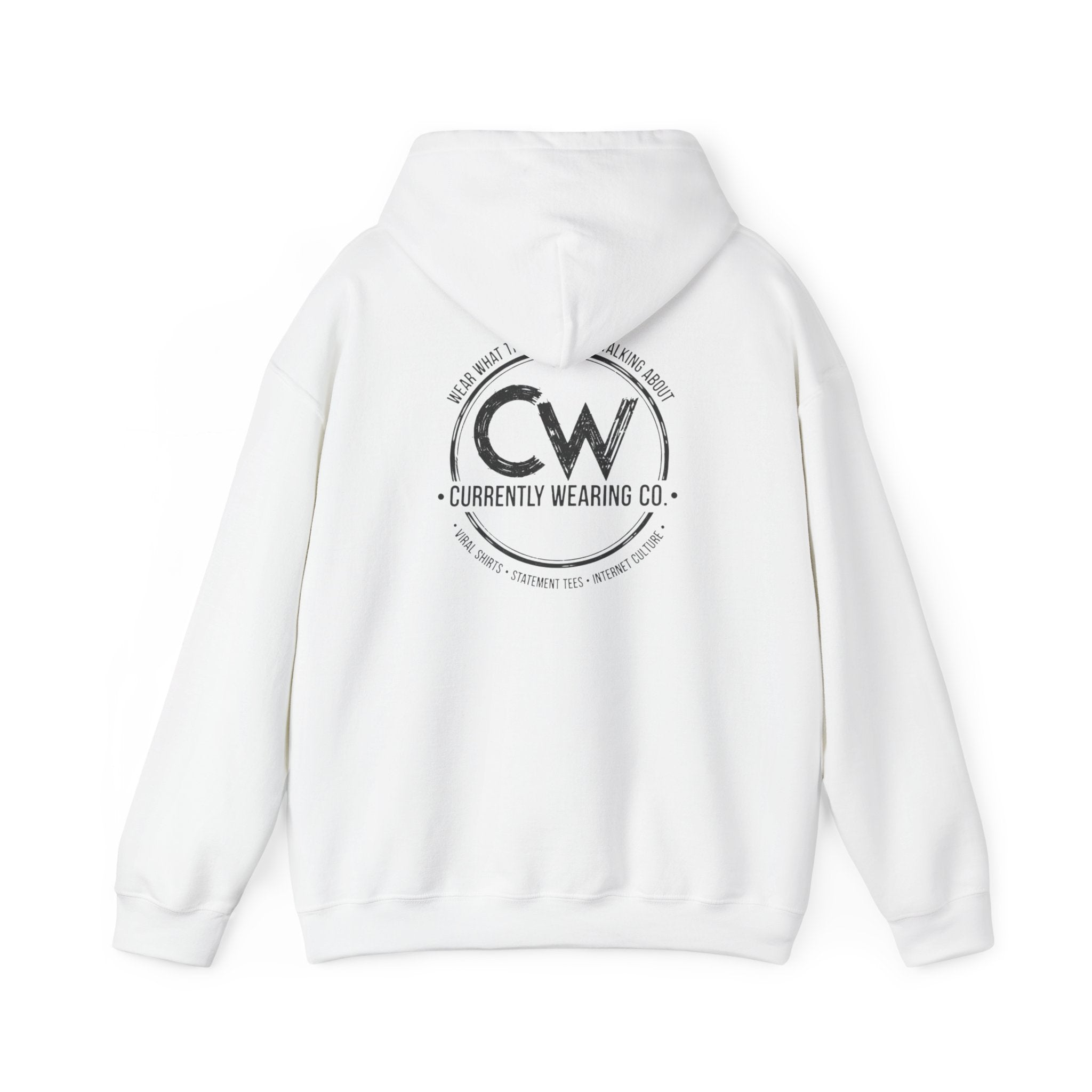 White hoodie with 'Currently Wearing Co' logo on the back against a white background