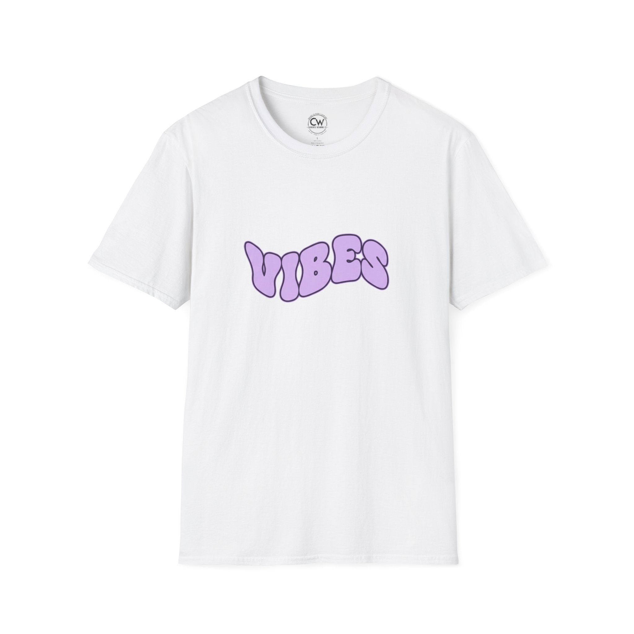 White t-shirt with purple 'VIBES' text on a white background