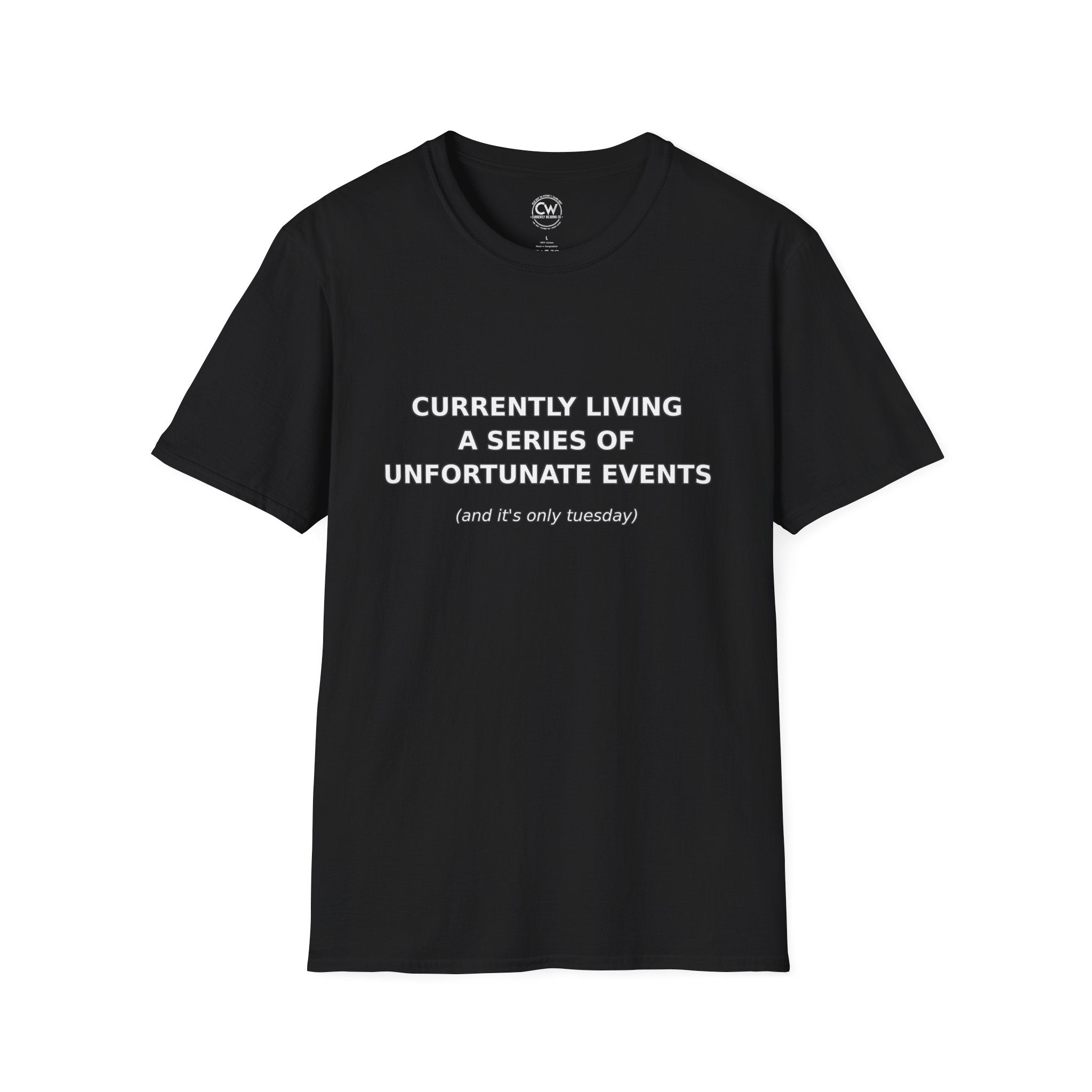 Black t-shirt with white text on a white background