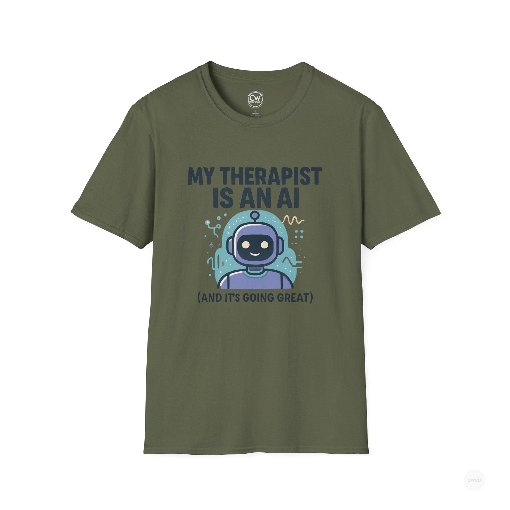 My Therapist Is An AI And It's Going Great Shirt - Funny AI Therapy Tee - Mental Health Humor Shirt - Chatbot Therapist T-Shirt Unisex Softstyle Shirt, Gift for Tech Lovers, Quirky Apparel, Mental Health Awareness