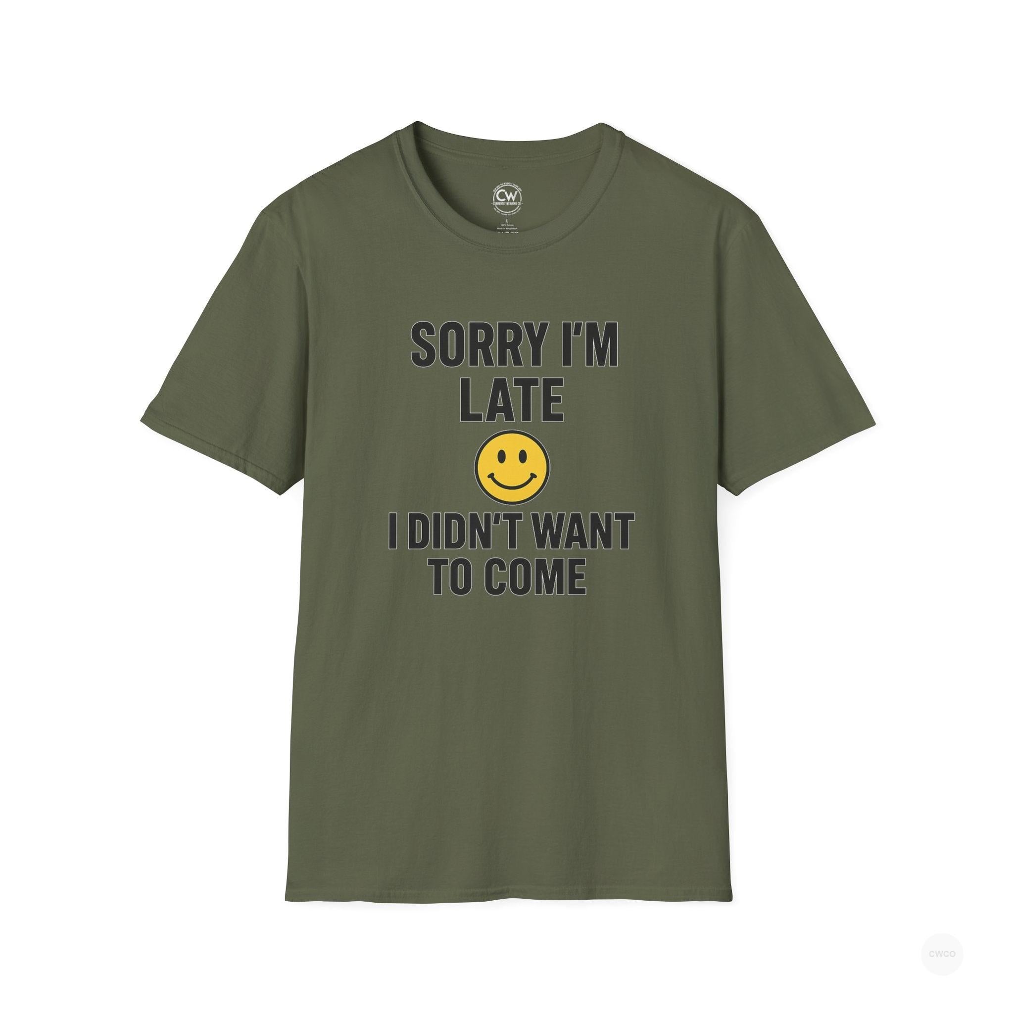 Sorry I'm Late, I Didn't Want to Come" Funny Introvert Humor Tee, Unisex Softstyle T-Shirt