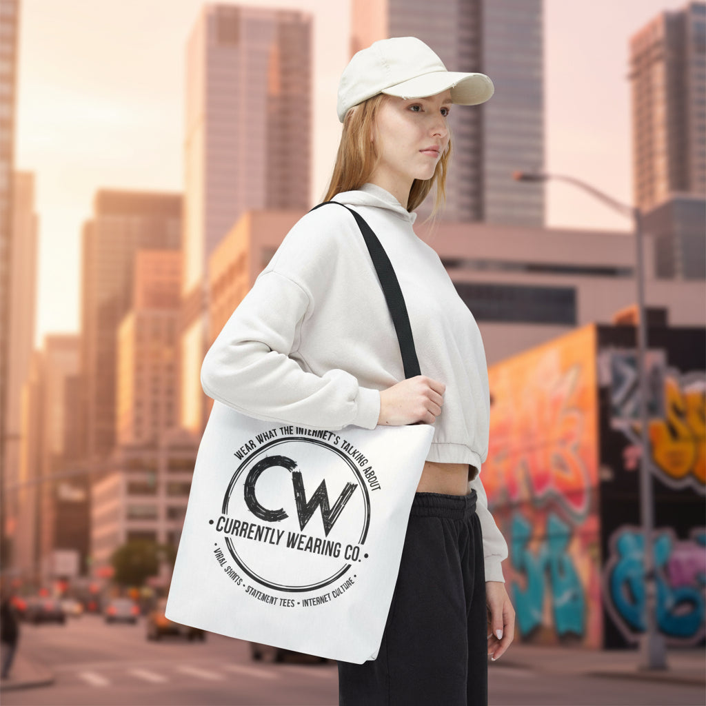 Currently Wearing Co Logo Tote Bag - Wear What the Internet's Talking About Canvas Bag - Reusable Shopping Bag, Trendy Statement Tote Bag, Stylish Carry-All, Eco-Friendly Shopper, Fun Gift for Fashion Lovers, Unique Beach Bag, Graphic Design Tote