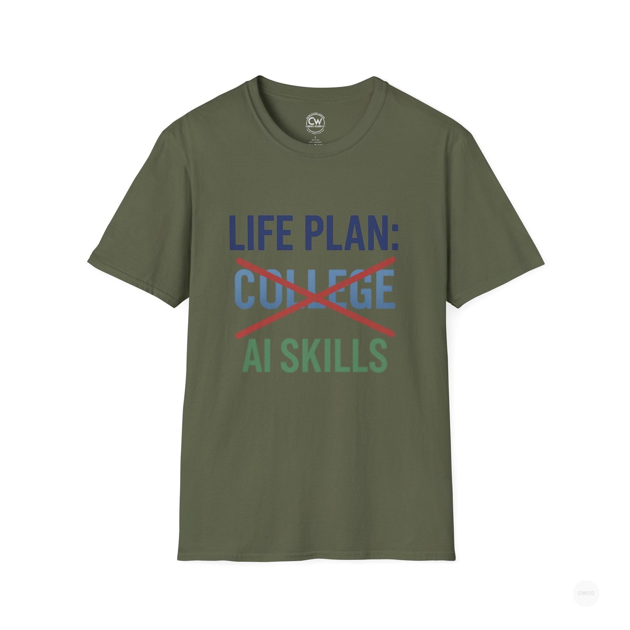 Life Plan: AI Skills T-Shirt, Unisex Softstyle T-Shirt, Funny Graphic Tee, Learning Humor, Casual Wear, College Student Gift