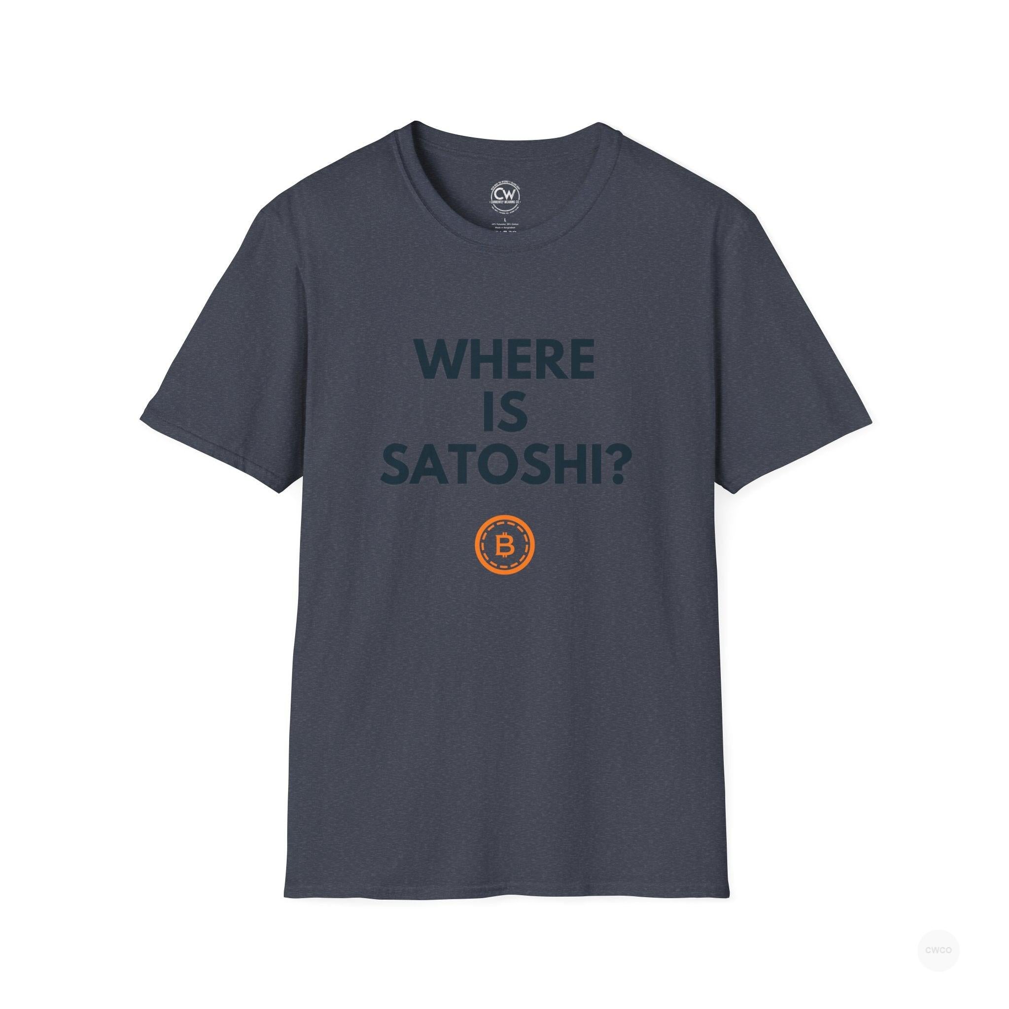 WHERE IS SATOSHI? – Bitcoin Mystery Tee, Unisex Softstyle T-Shirt - Trendy Crypto Tee, Bitcoin Gift, Casual Wear, Tech Lover Apparel, Statement Shirt
