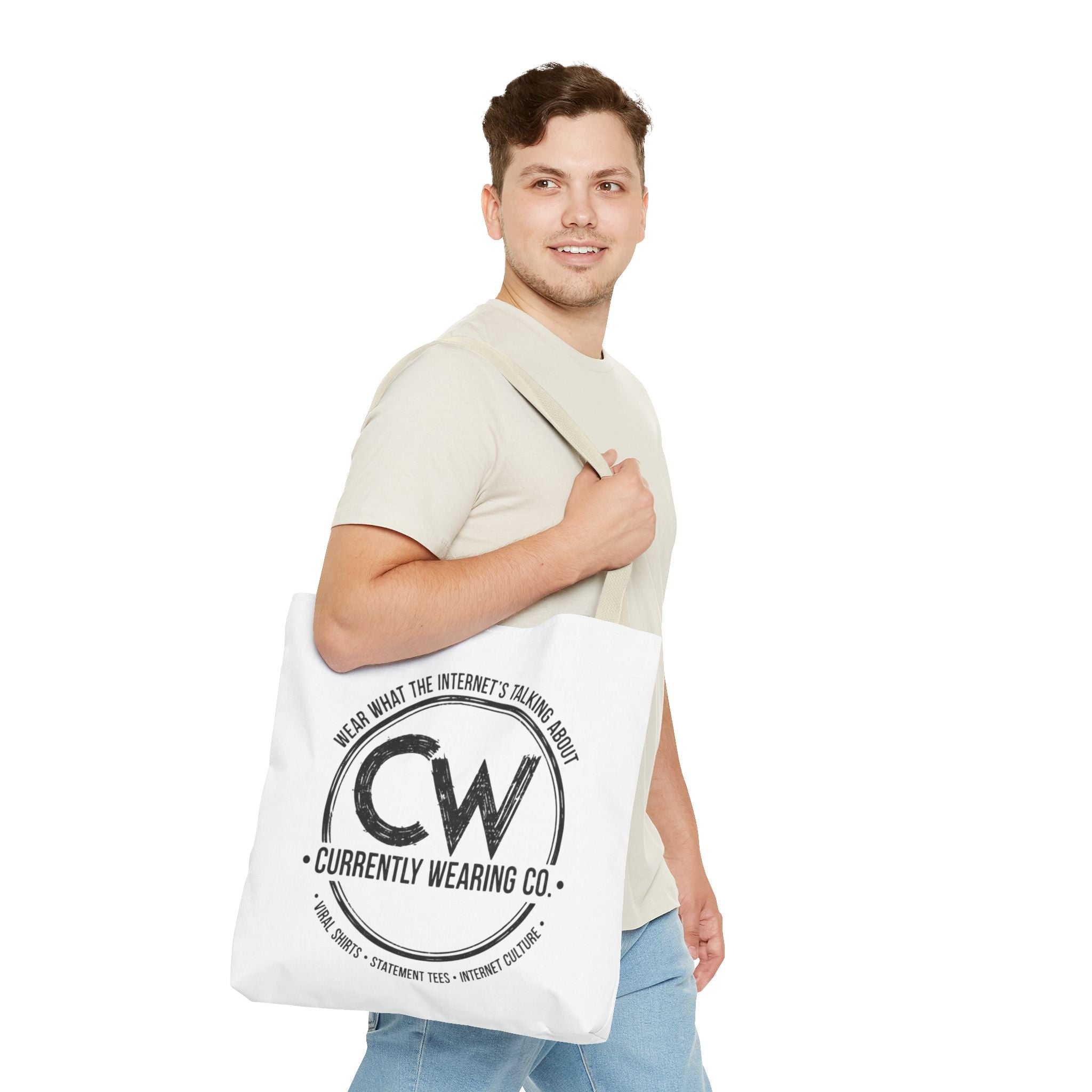 Currently Wearing Co Logo Tote Bag - Wear What the Internet's Talking About Canvas Bag - Reusable Shopping Bag, Trendy Statement Tote Bag, Stylish Carry-All, Eco-Friendly Shopper, Fun Gift for Fashion Lovers, Unique Beach Bag, Graphic Design Tote
