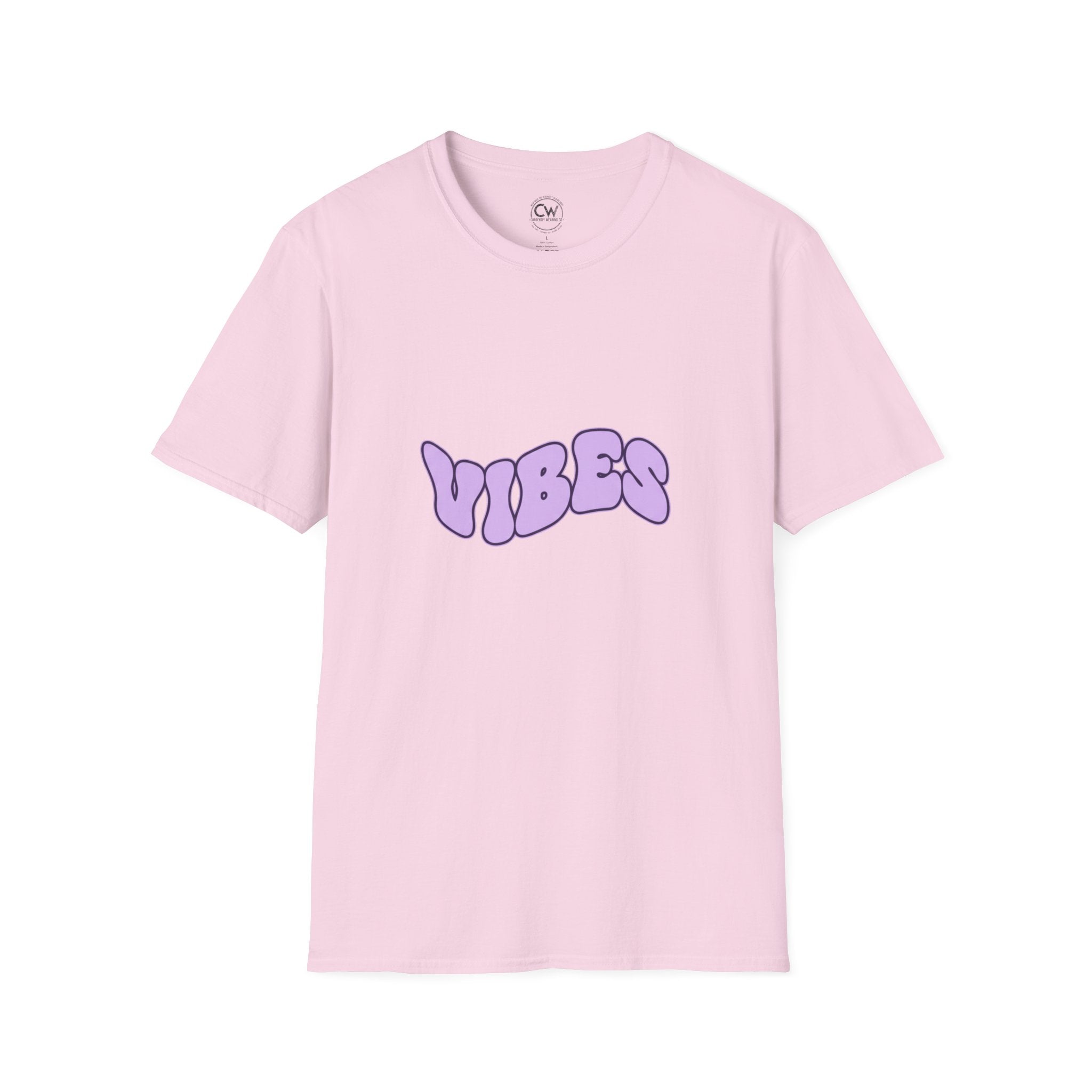 Pink t-shirt with 'VIBES' text in purple on a white background