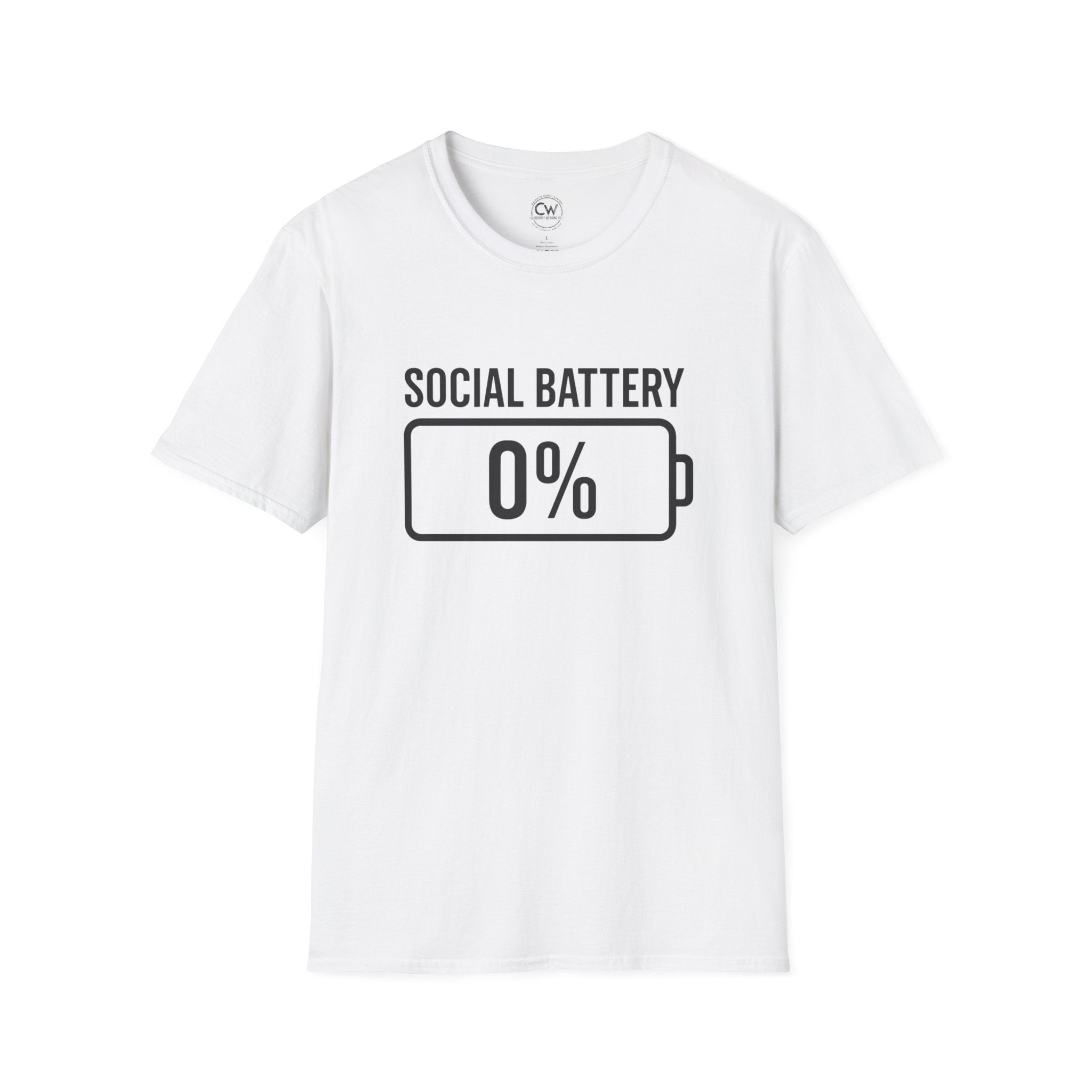 White t-shirt with 'SOCIAL BATTERY 0%' graphic on a white background