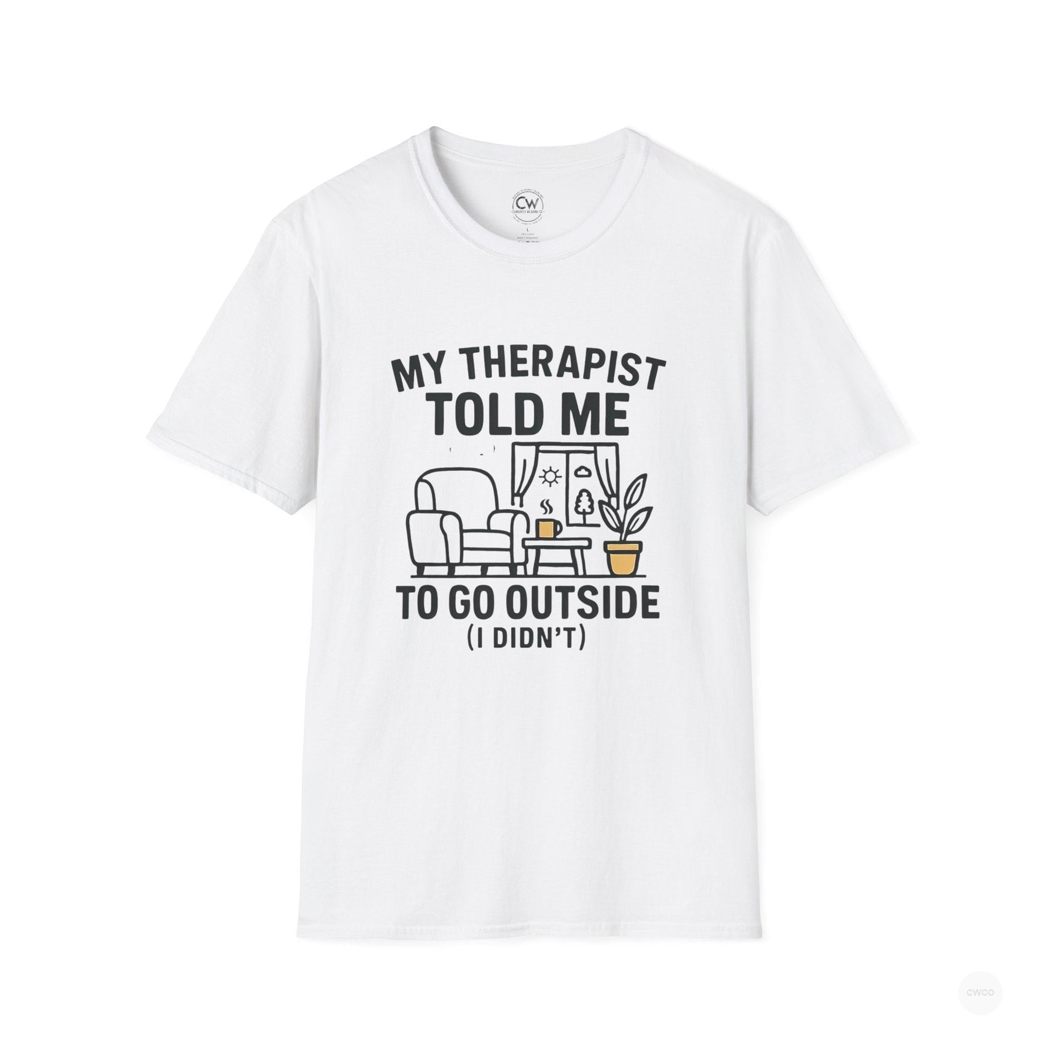 White t-shirt with humorous graphic and text on a white background