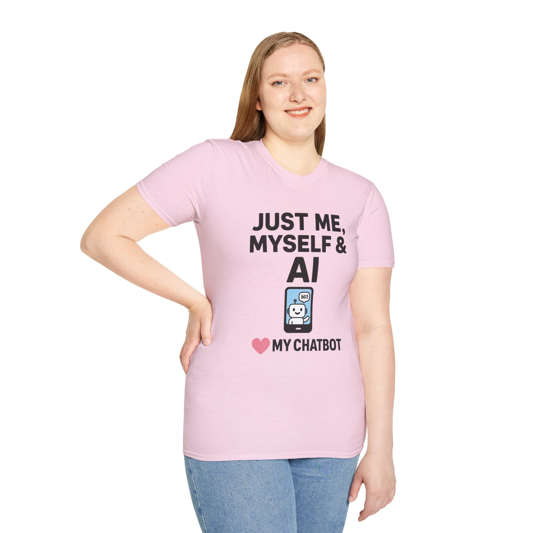 Just Me Myself and AI My Chatbot Shirt - Funny AI Companion Tee - Chatbot Love Humor Shirt - AI Relationship T-Shirt,  Softstyle T-Shirt, Casual Gift, Tech Lover Shirt, Conversation Starter Tee, Geeky Humor Apparel