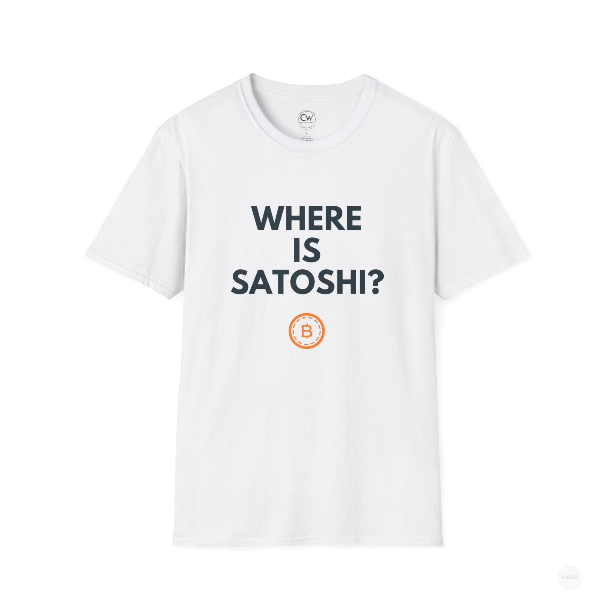 WHERE IS SATOSHI? – Bitcoin Mystery Tee, Unisex Softstyle T-Shirt - Trendy Crypto Tee, Bitcoin Gift, Casual Wear, Tech Lover Apparel, Statement Shirt