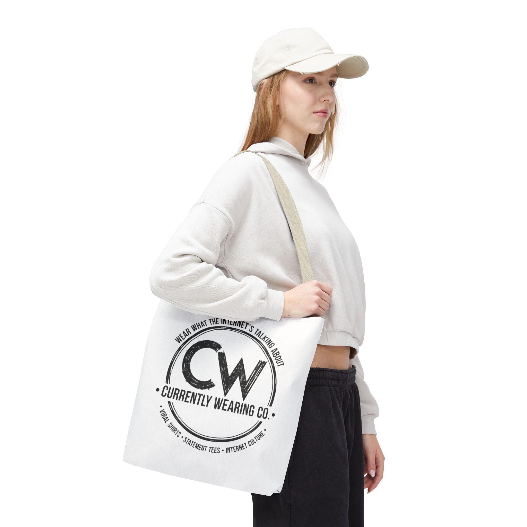 Currently Wearing Co Logo Tote Bag - Wear What the Internet's Talking About Canvas Bag - Reusable Shopping Bag, Trendy Statement Tote Bag, Stylish Carry-All, Eco-Friendly Shopper, Fun Gift for Fashion Lovers, Unique Beach Bag, Graphic Design Tote