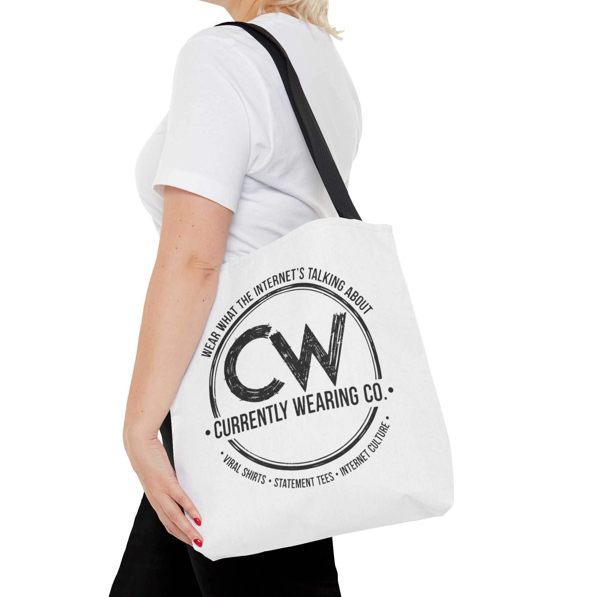 Currently Wearing Co Logo Tote Bag - Wear What the Internet's Talking About Canvas Bag - Reusable Shopping Bag, Trendy Statement Tote Bag, Stylish Carry-All, Eco-Friendly Shopper, Fun Gift for Fashion Lovers, Unique Beach Bag, Graphic Design Tote