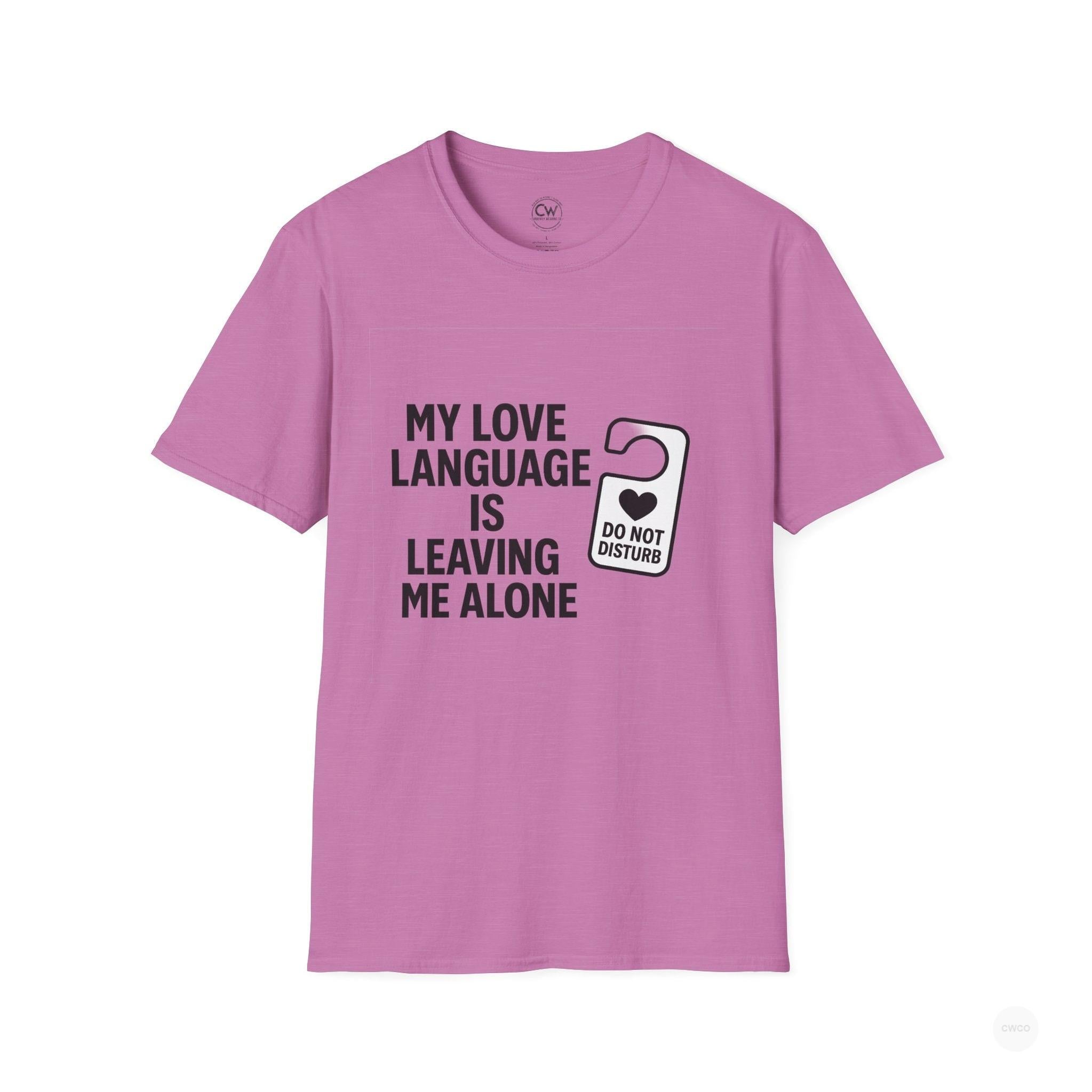 Pink t-shirt with text and graphic on a white background