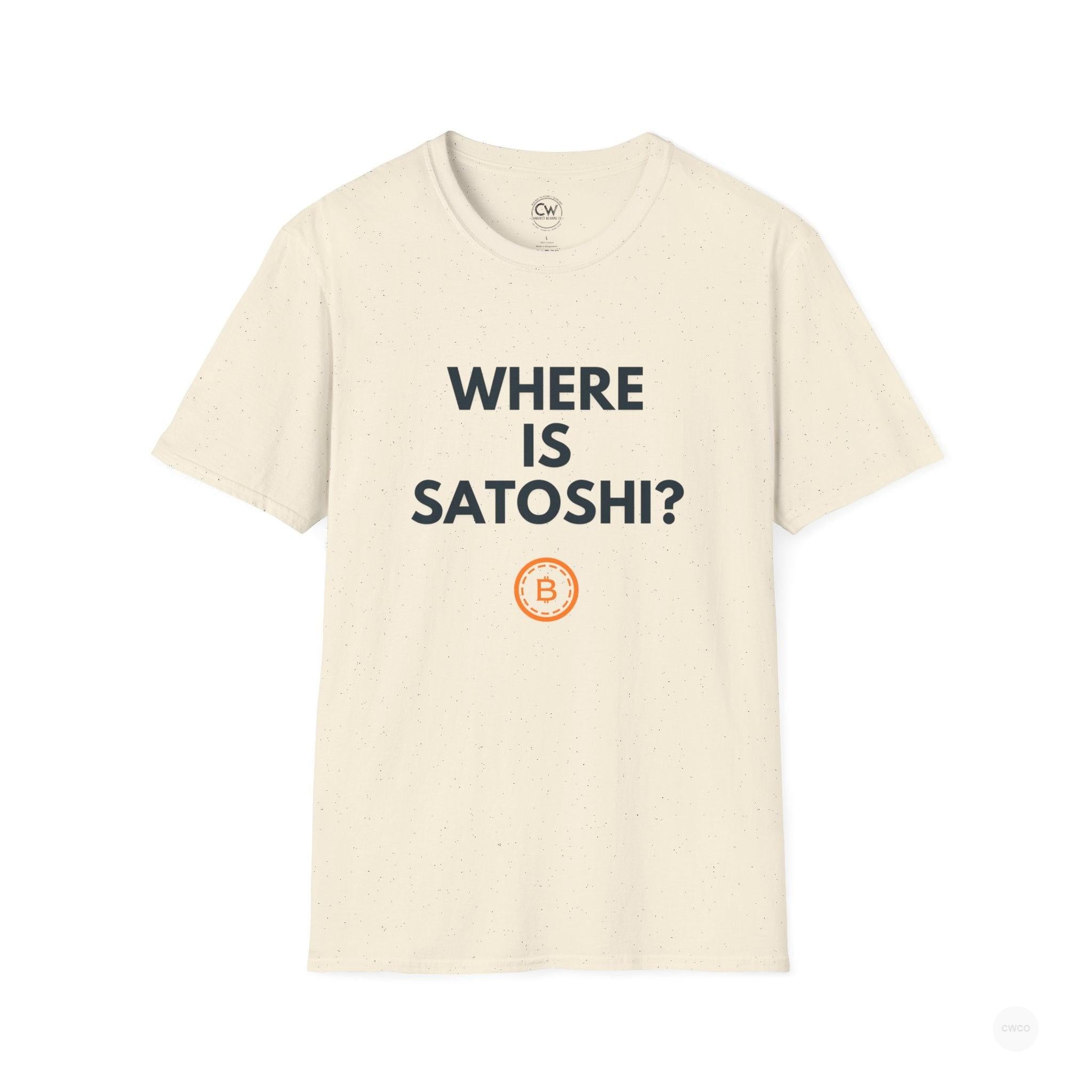 WHERE IS SATOSHI? – Bitcoin Mystery Tee, Unisex Softstyle T-Shirt - Trendy Crypto Tee, Bitcoin Gift, Casual Wear, Tech Lover Apparel, Statement Shirt