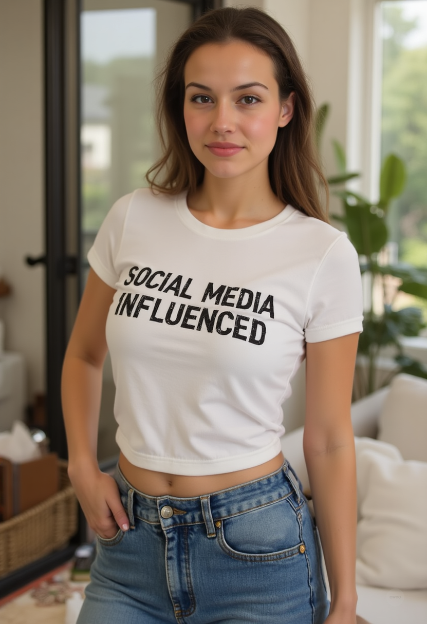 "Social Media Influenced" Funny Graphic Tee - Internet Culture Humor Shirt Casual Women's Top, Gift for Influencers, Cute Graphic Tee, Daily Wear Shirt