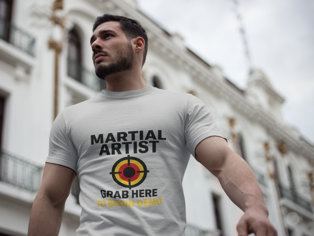 Martial Artist: Grab Here to Begin Demo Funny Self-Defense Humor Unisex Softstyle T-Shirt | Perfect for Training, Gifts for Martial Arts Lovers, Workout, Casual Wear, Everyday Use