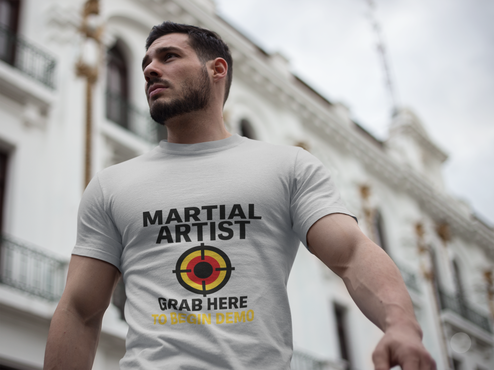 Martial Artist: Grab Here to Begin Demo Funny Self-Defense Humor Unisex Softstyle T-Shirt | Perfect for Training, Gifts for Martial Arts Lovers, Workout, Casual Wear, Everyday Use