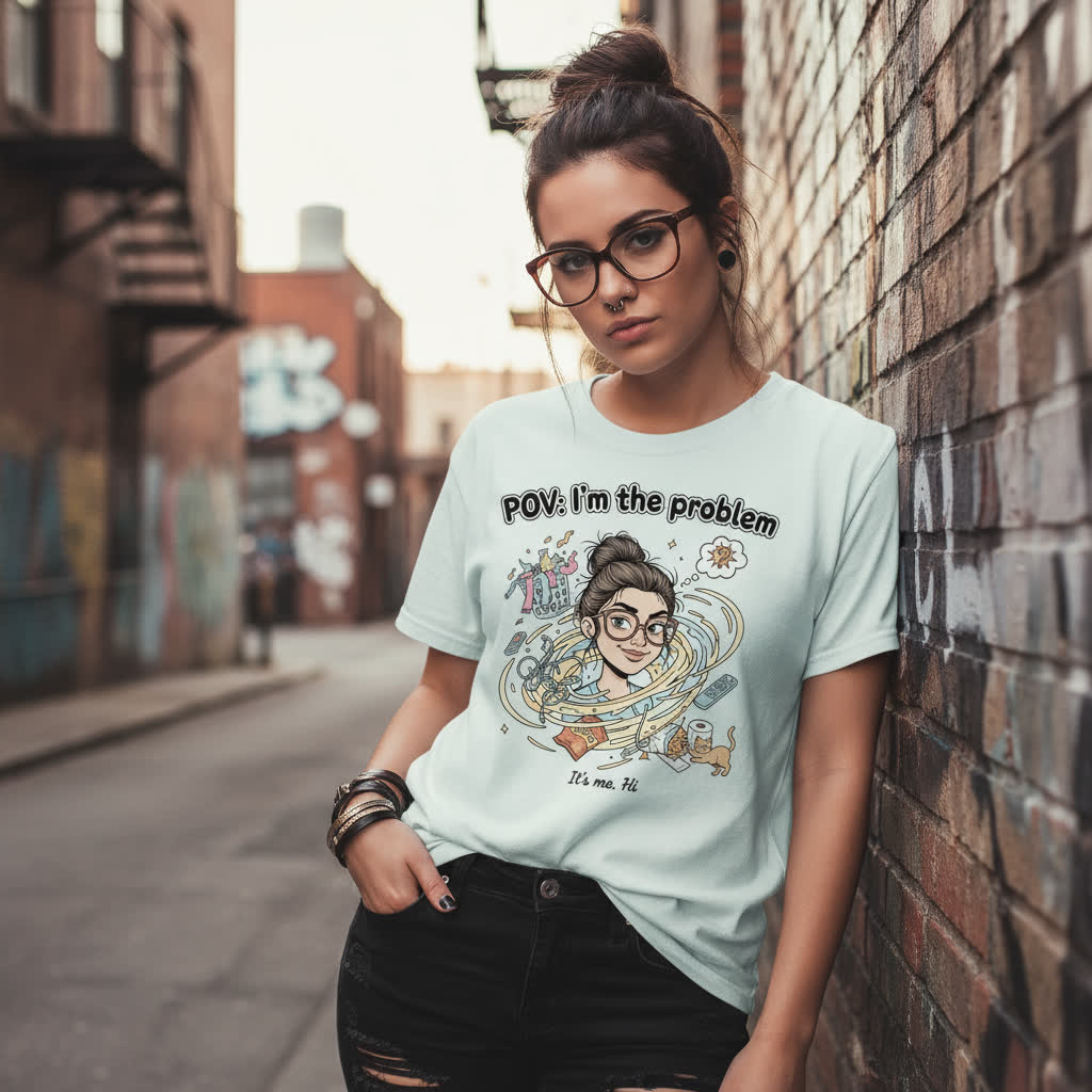 POV I'm the Problem Shirt - Funny Self Aware Tee - Chaotic Energy Shirt - Mental Health Humor T-Shirt Playful Graphic Tee for Everyday Fun, Perfect Gift, Casual Wear, Women's Humor T-Shirt, Self-Deprecating Humor Tee