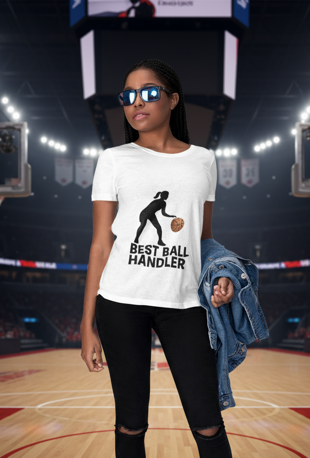 Woman wearing a white t-shirt with a graphic design on a basketball court