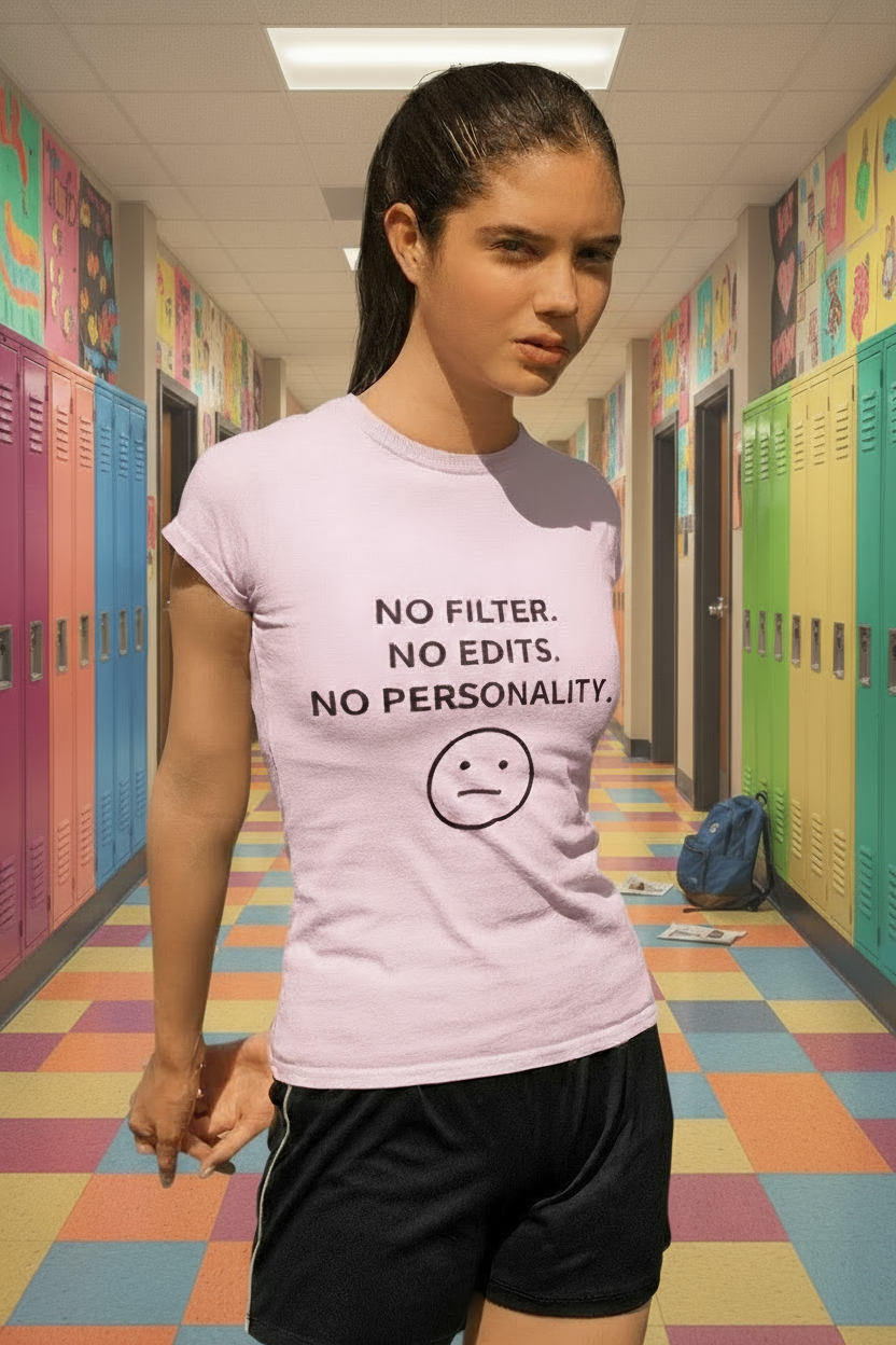 Person wearing a pink t-shirt with text and a sad face emoji in a foggy outdoor setting