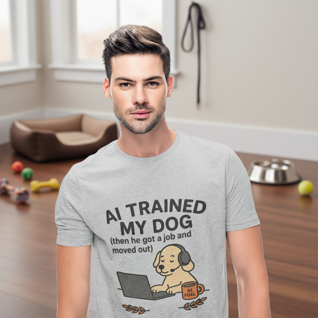 AI Trained My Dog Then He Got a Job and Moved Out Shirt - Funny AI Humor Tee - Tech Dog Lover Shirt - Artificial Intelligence Pet T-Shirt Unisex T-Shirt, Funny Dog Lover Tee, Pet Owner Gift, Gift for Dog Lovers, Quirky Humor Shirt
