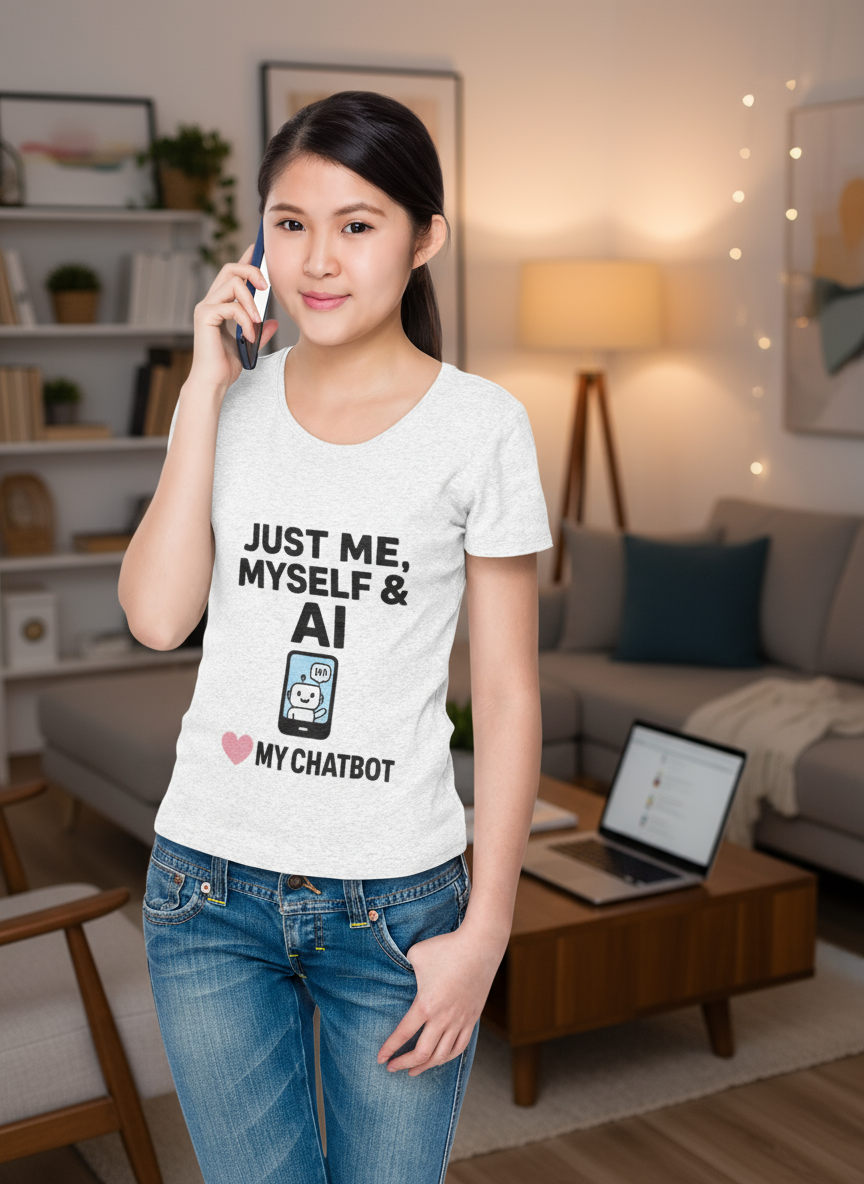 Just Me Myself and AI My Chatbot Shirt - Funny AI Companion Tee - Chatbot Love Humor Shirt - AI Relationship T-Shirt,  Softstyle T-Shirt, Casual Gift, Tech Lover Shirt, Conversation Starter Tee, Geeky Humor Apparel