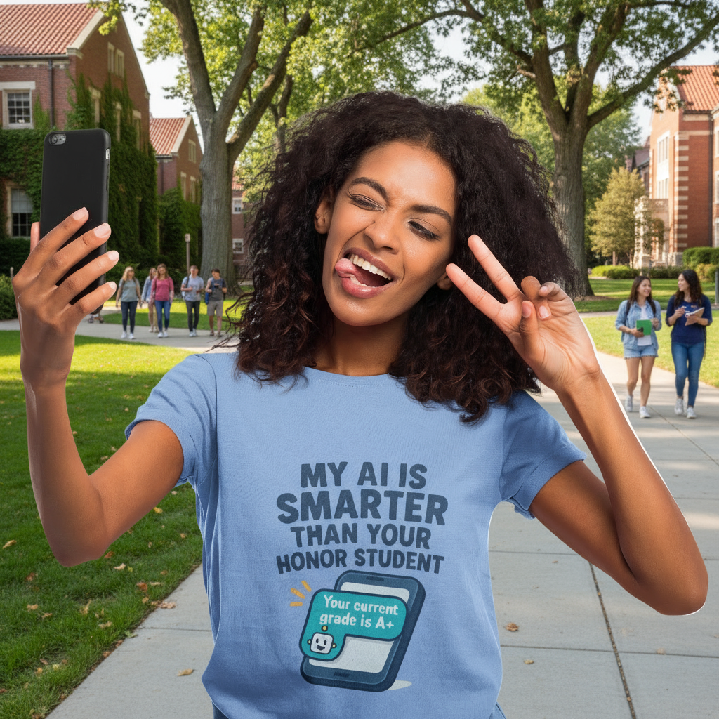 Woman wearing a blue t-shirt with text and a graphic, holding a phone.
