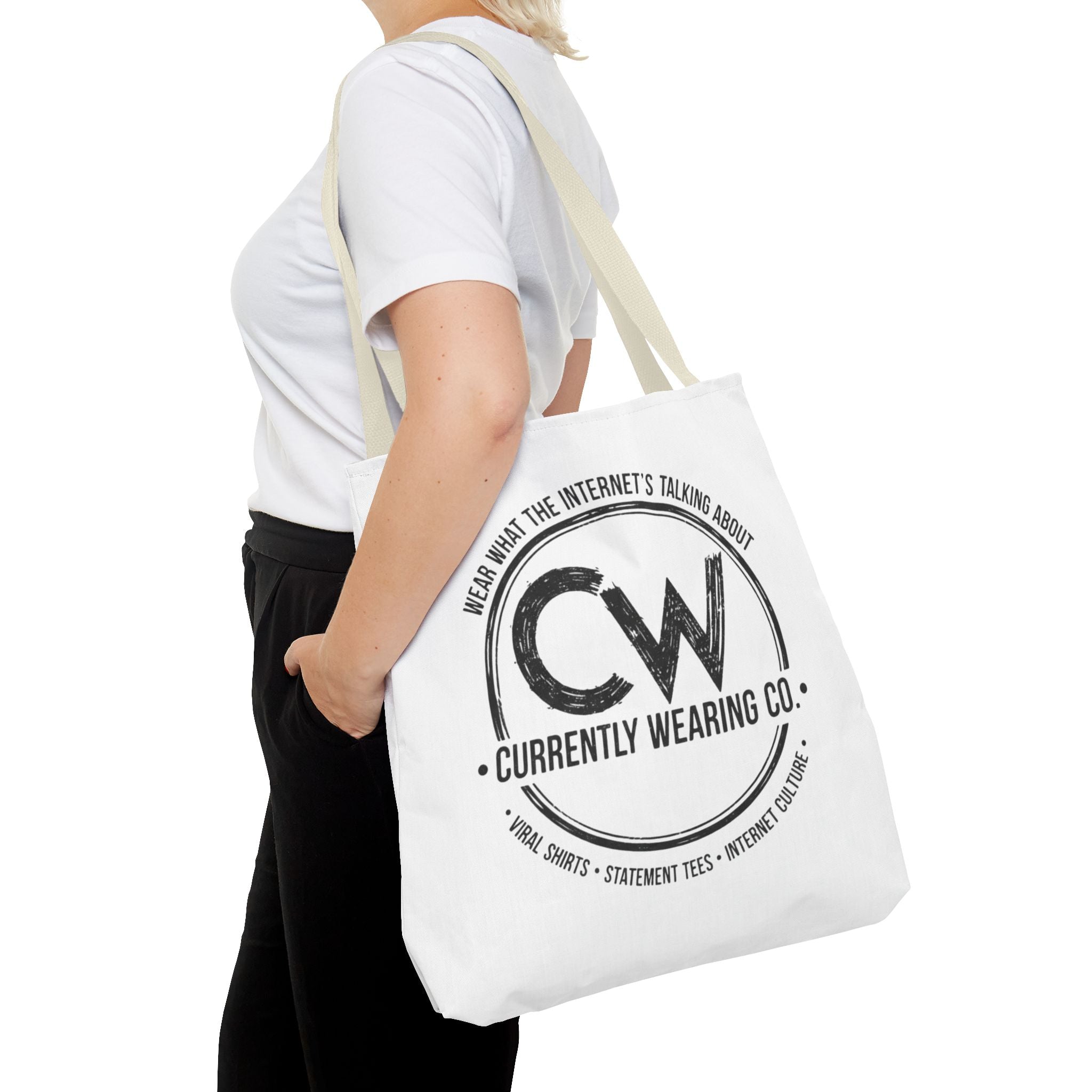 Currently Wearing Co Logo Tote Bag - Wear What the Internet's Talking About Canvas Bag - Reusable Shopping Bag, Trendy Statement Tote Bag, Stylish Carry-All, Eco-Friendly Shopper, Fun Gift for Fashion Lovers, Unique Beach Bag, Graphic Design Tote