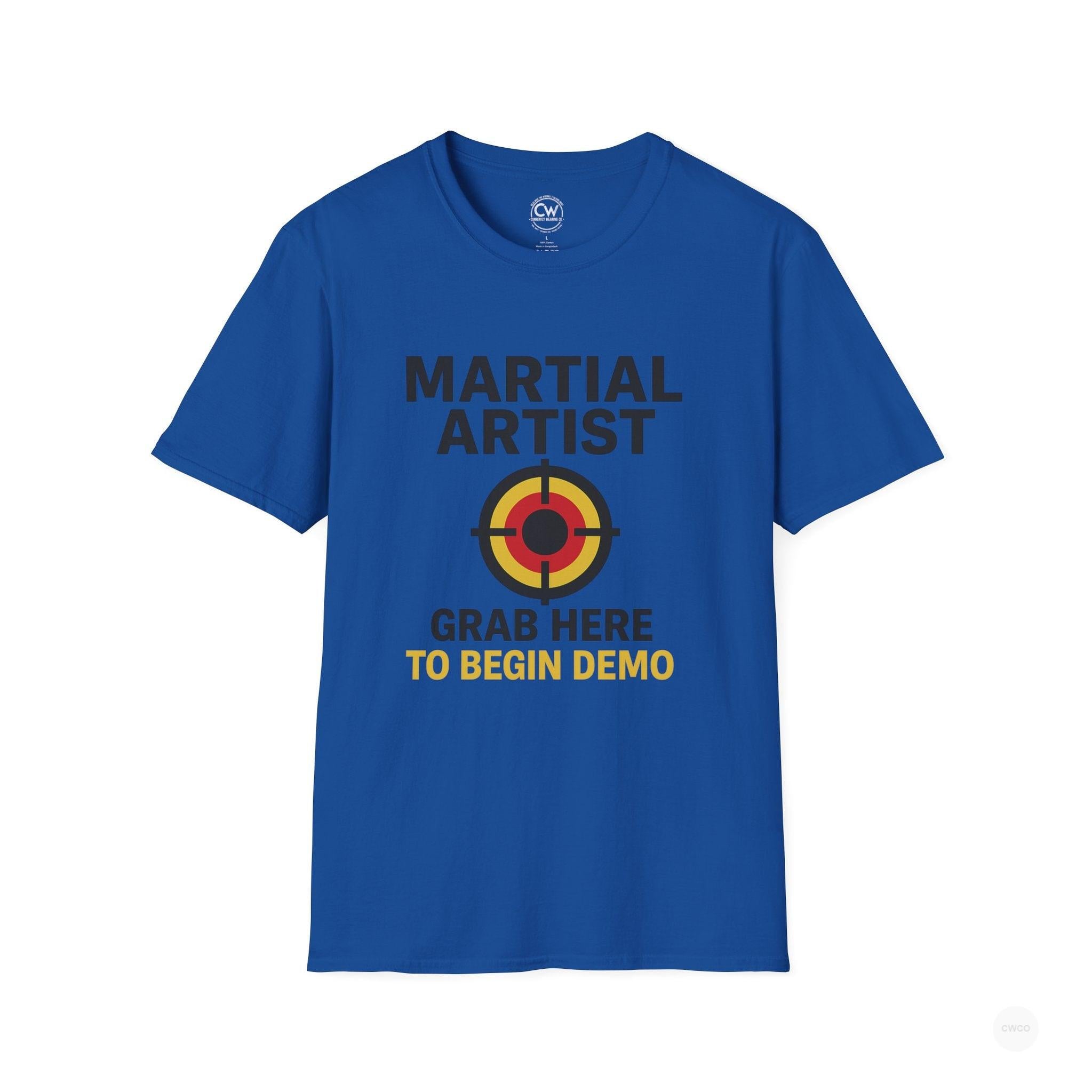Martial Artist: Grab Here to Begin Demo Funny Self-Defense Humor Unisex Softstyle T-Shirt | Perfect for Training, Gifts for Martial Arts Lovers, Workout, Casual Wear, Everyday Use