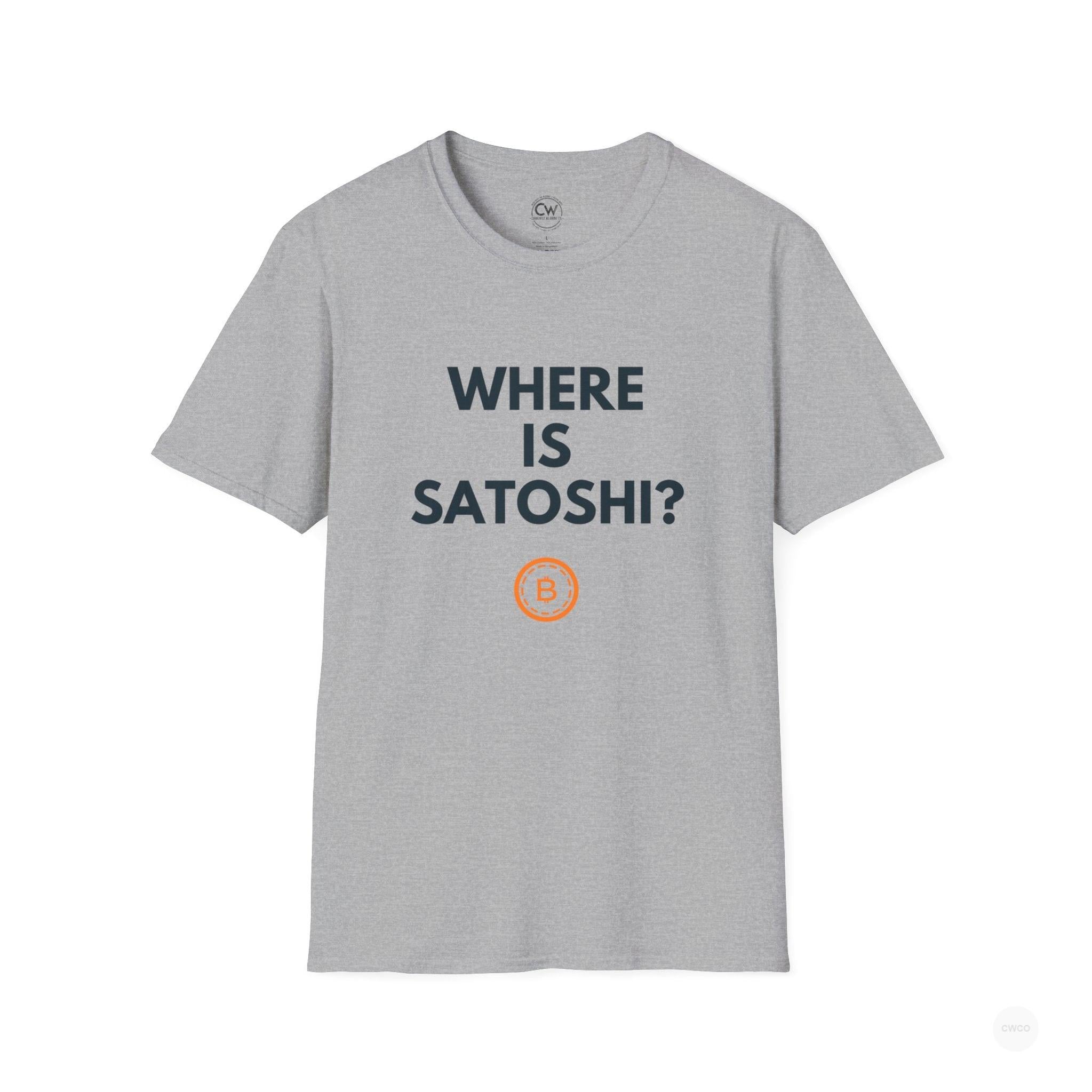 Gray t-shirt with 'WHERE IS SATOSHI?' text and Bitcoin logo on a white background