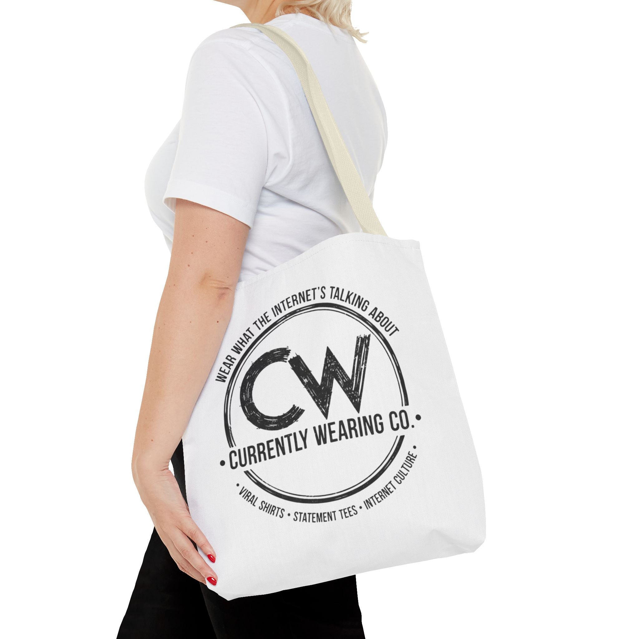 Currently Wearing Co Logo Tote Bag - Wear What the Internet's Talking About Canvas Bag - Reusable Shopping Bag, Trendy Statement Tote Bag, Stylish Carry-All, Eco-Friendly Shopper, Fun Gift for Fashion Lovers, Unique Beach Bag, Graphic Design Tote