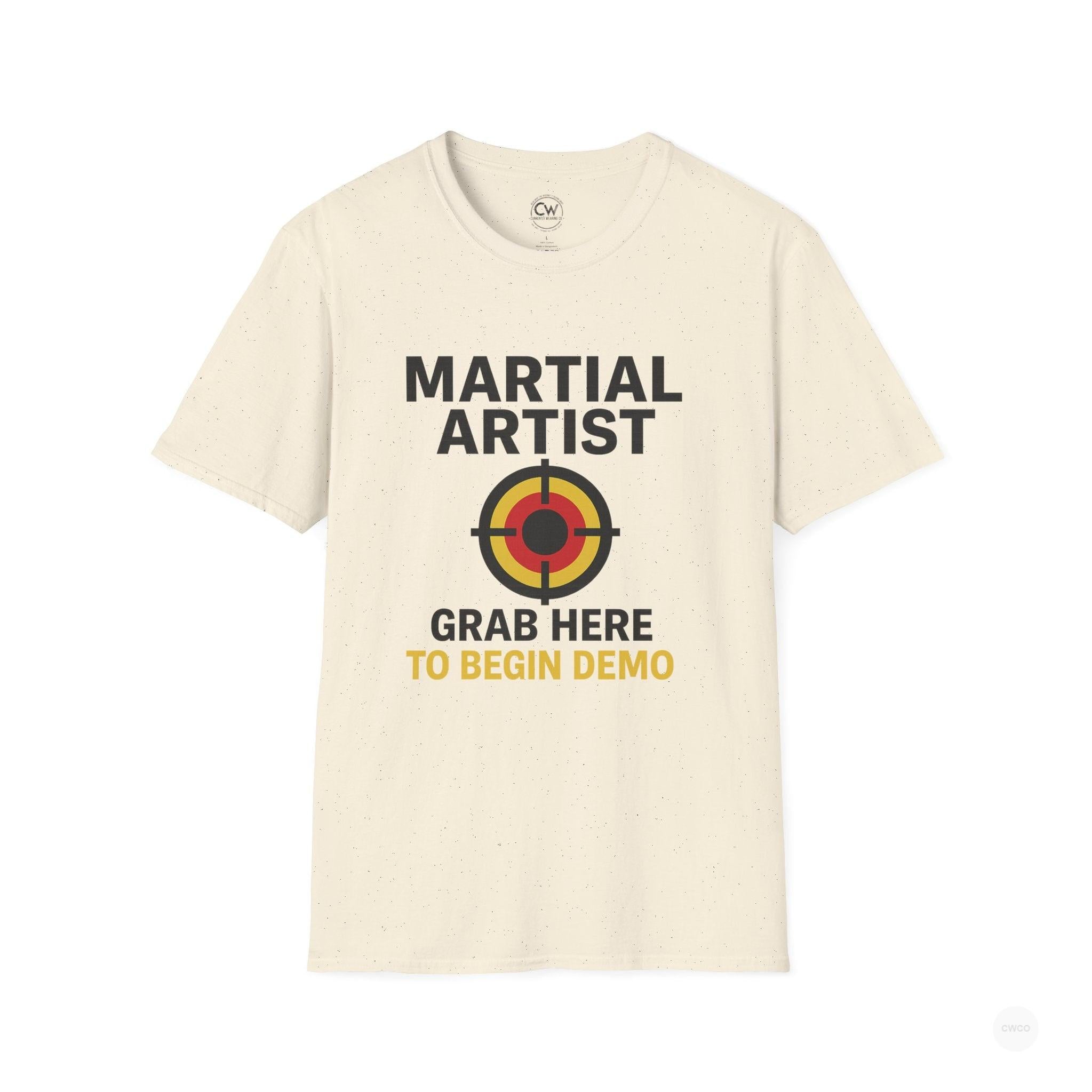 Martial Artist: Grab Here to Begin Demo Funny Self-Defense Humor Unisex Softstyle T-Shirt | Perfect for Training, Gifts for Martial Arts Lovers, Workout, Casual Wear, Everyday Use