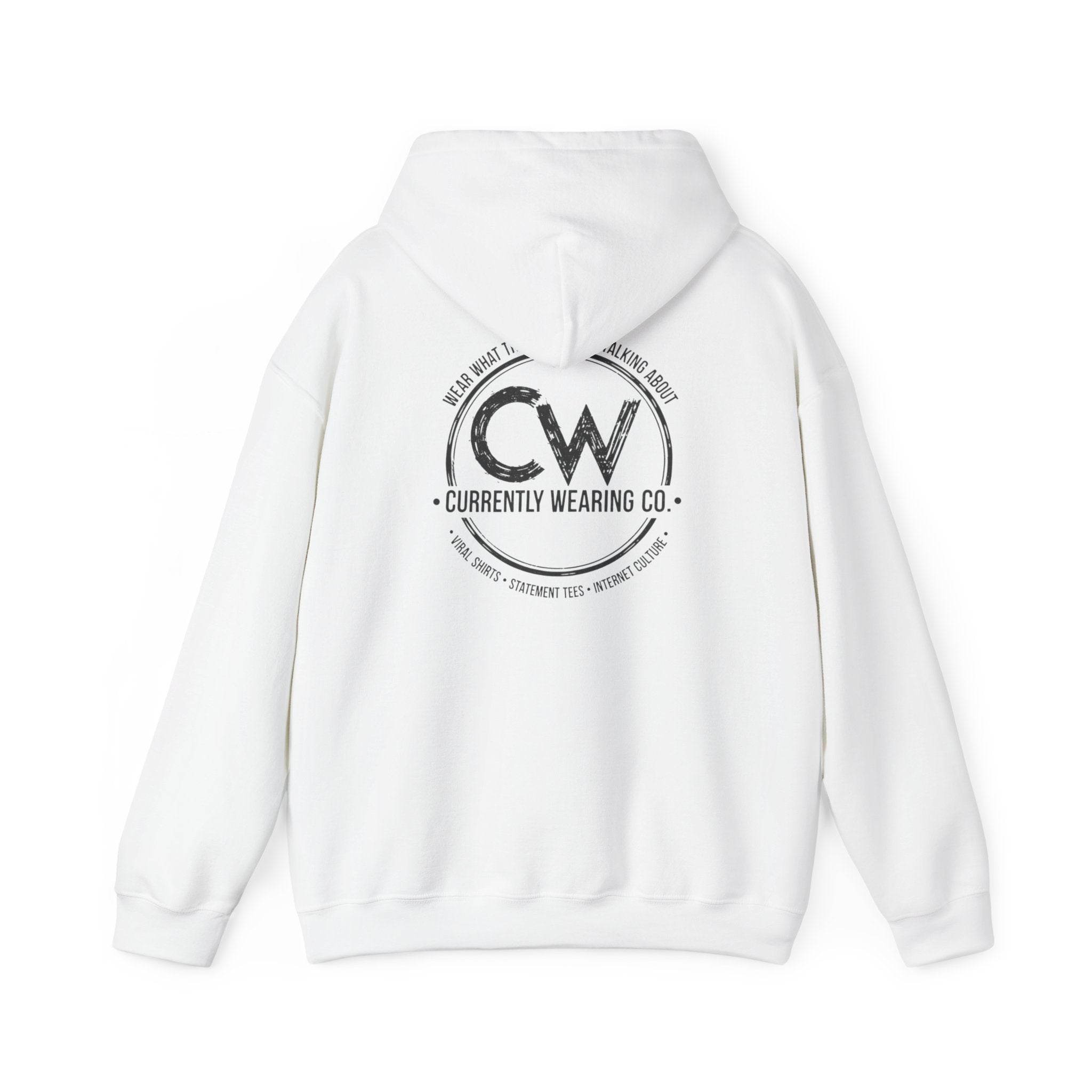 White hoodie with 'Currently Wearing Co' logo on the back against a white background