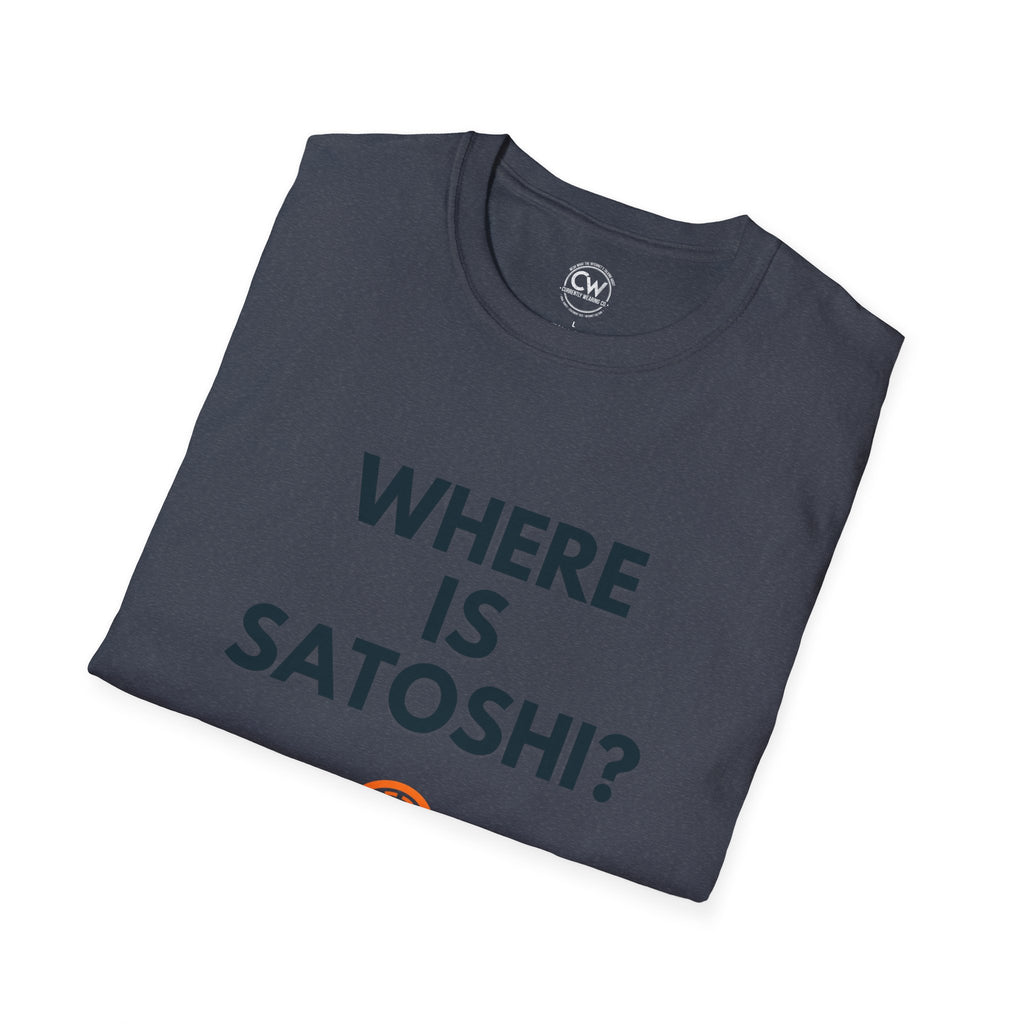 WHERE IS SATOSHI? – Bitcoin Mystery Tee, Unisex Softstyle T-Shirt - Trendy Crypto Tee, Bitcoin Gift, Casual Wear, Tech Lover Apparel, Statement Shirt