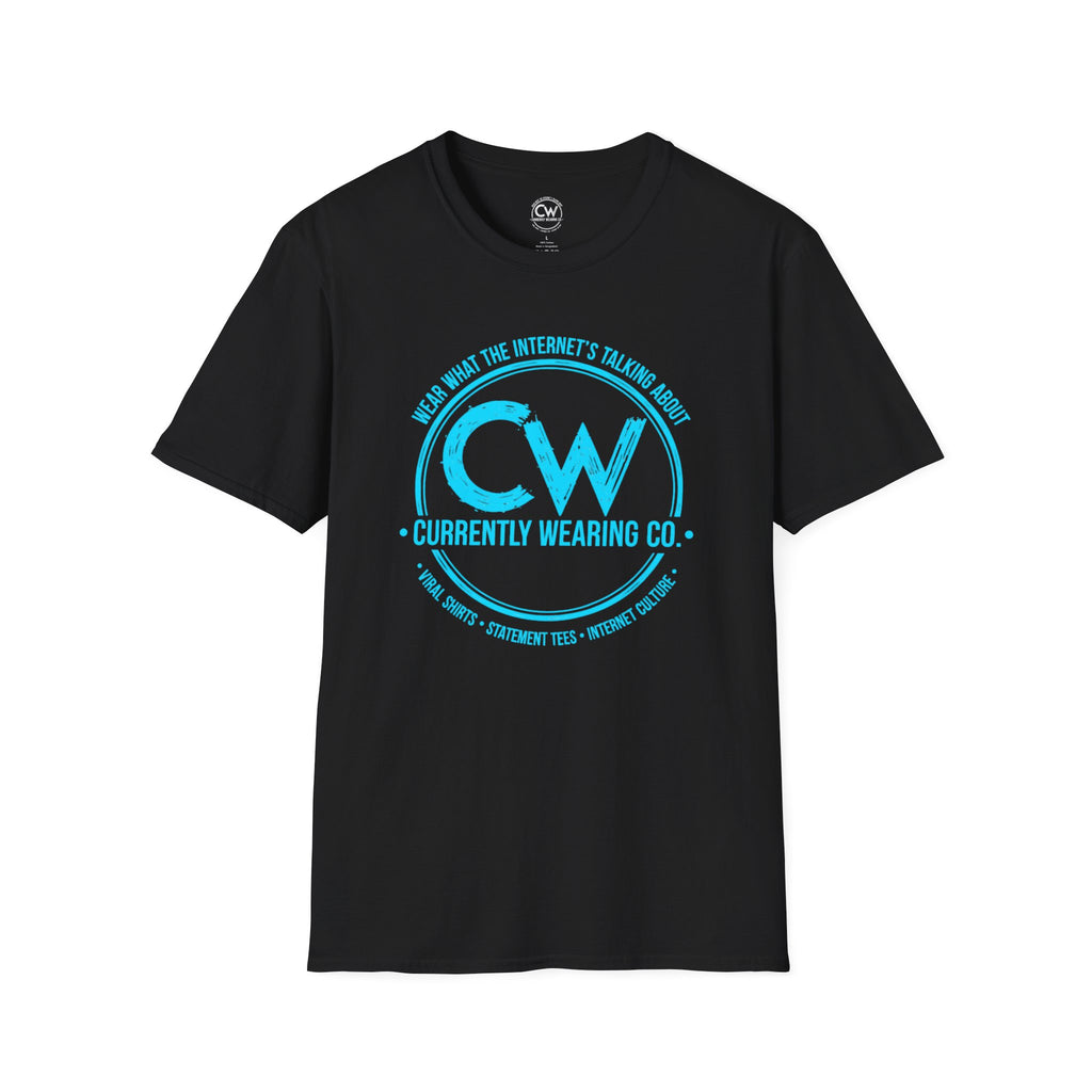 Black t-shirt with blue 'CW' logo on a white background
