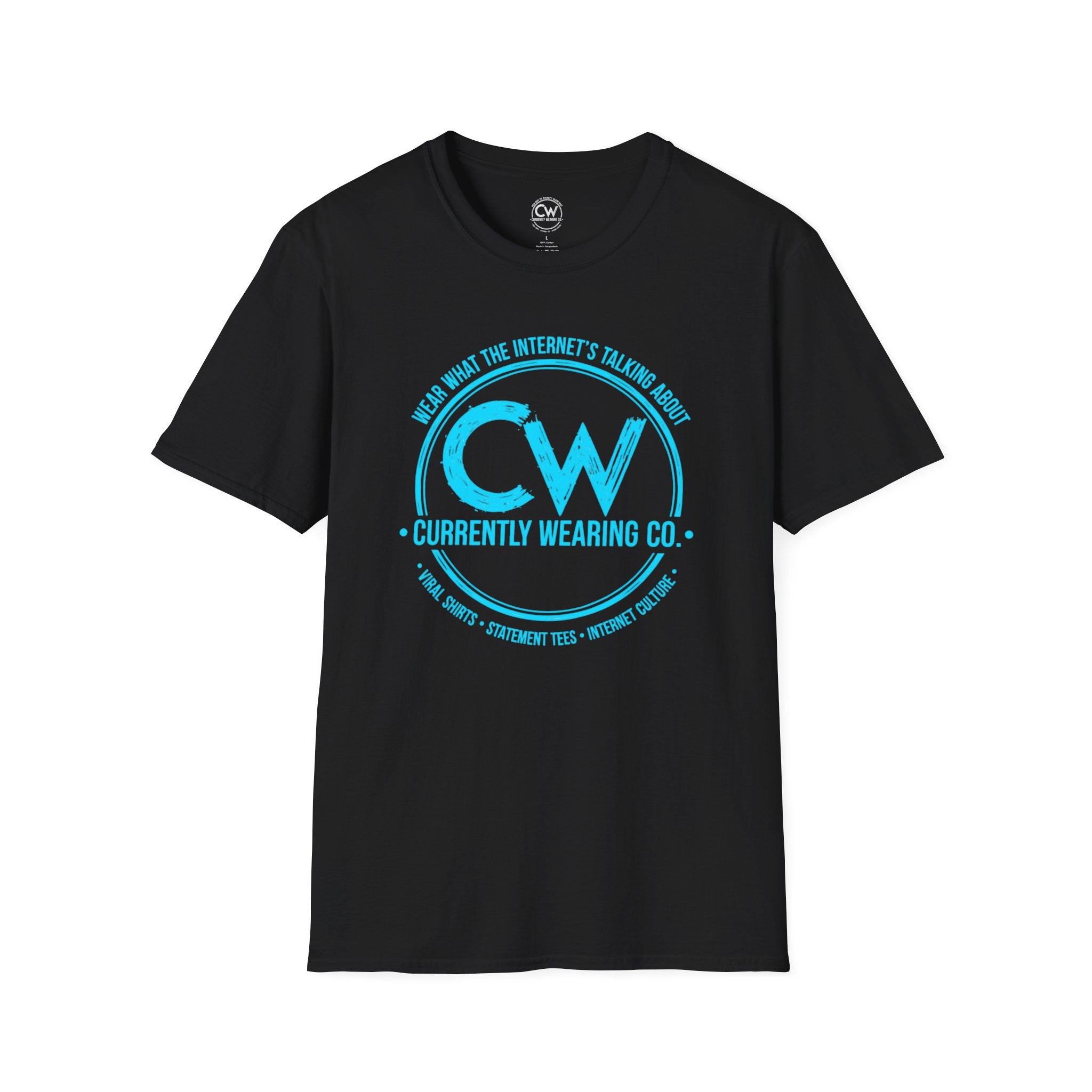 Black t-shirt with blue 'CW' logo on a white background