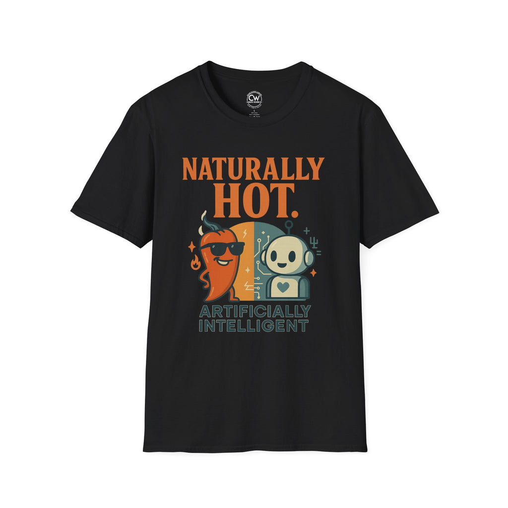 Black t-shirt with 'Naturally Hot. Artificially Intelligent' graphic design on a white background