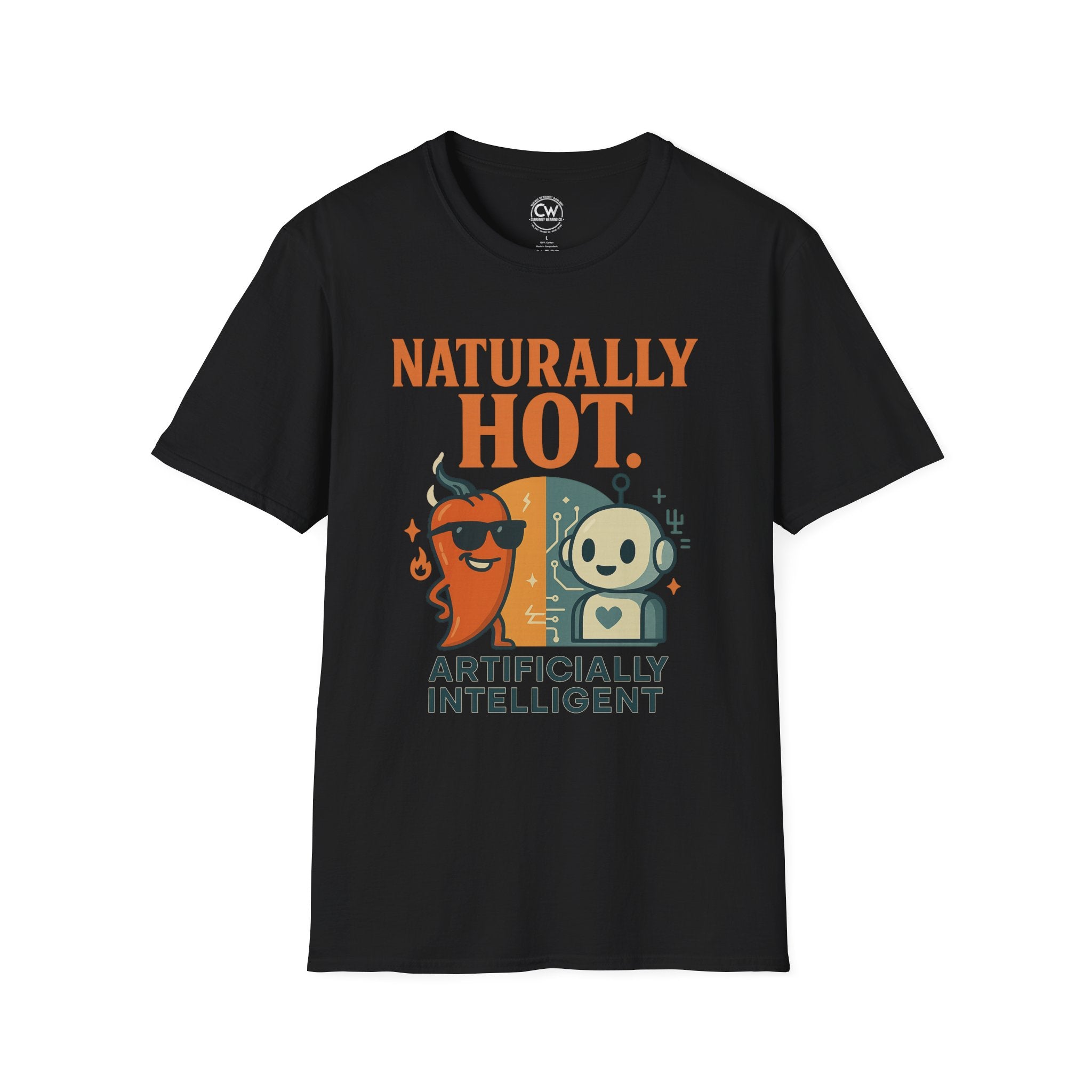 Black t-shirt with 'Naturally Hot. Artificially Intelligent' graphic design on a white background