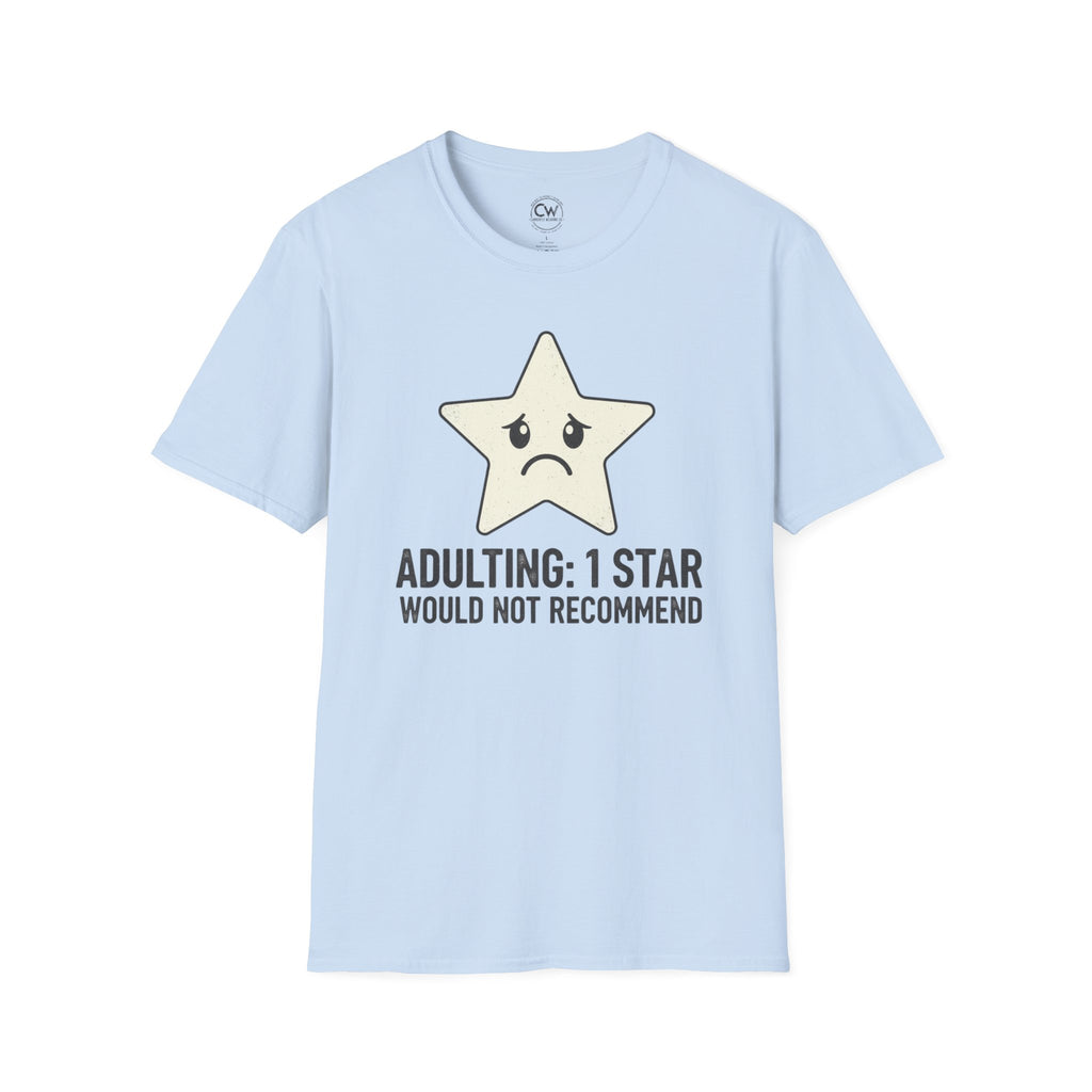Light blue t-shirt with a star graphic and text on a white background