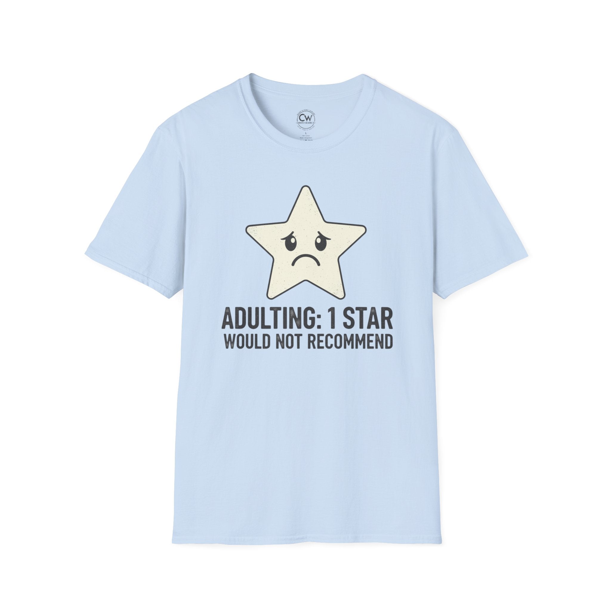 Light blue t-shirt with a star graphic and text on a white background
