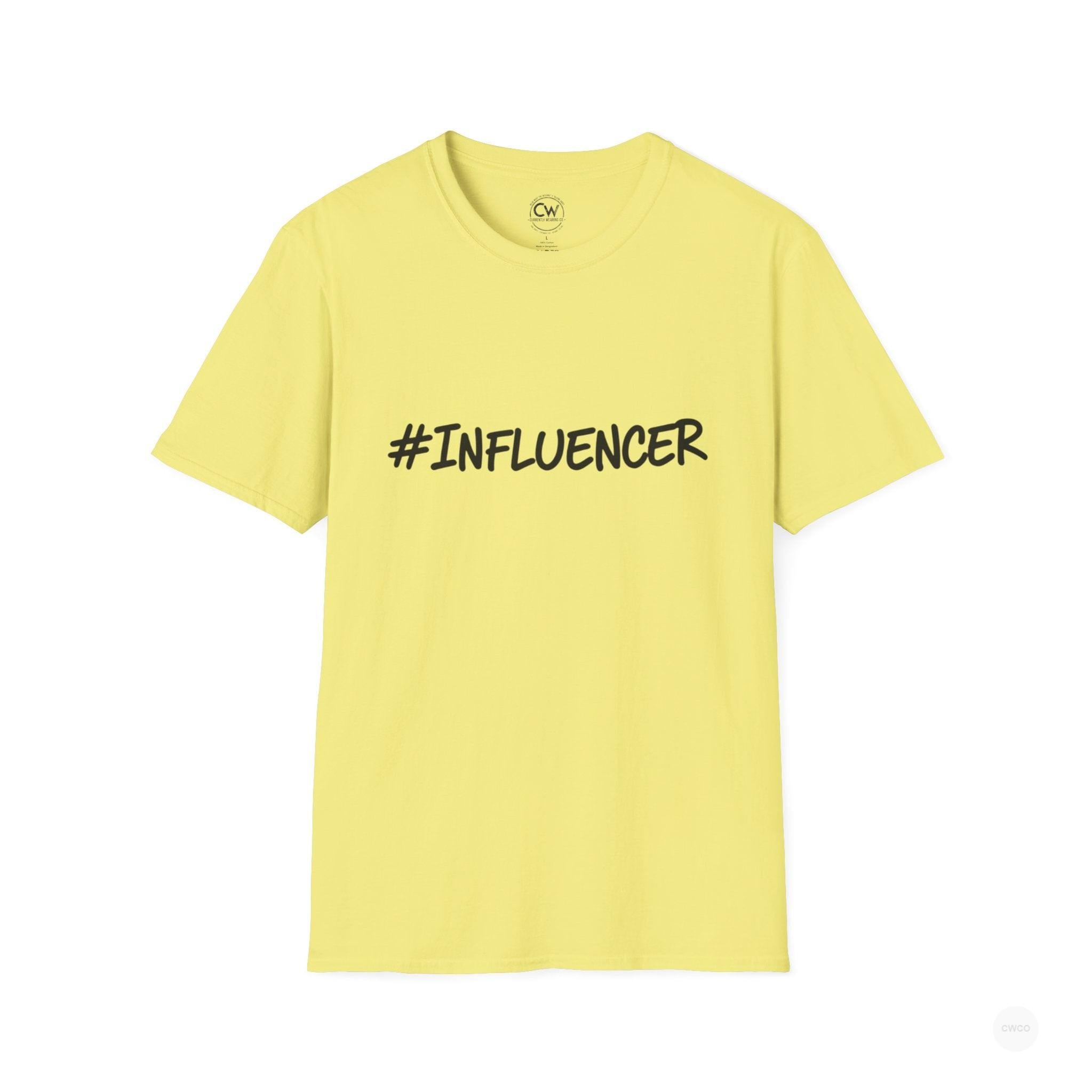 Yellow t-shirt with '#INFLUENCER' text on a white background