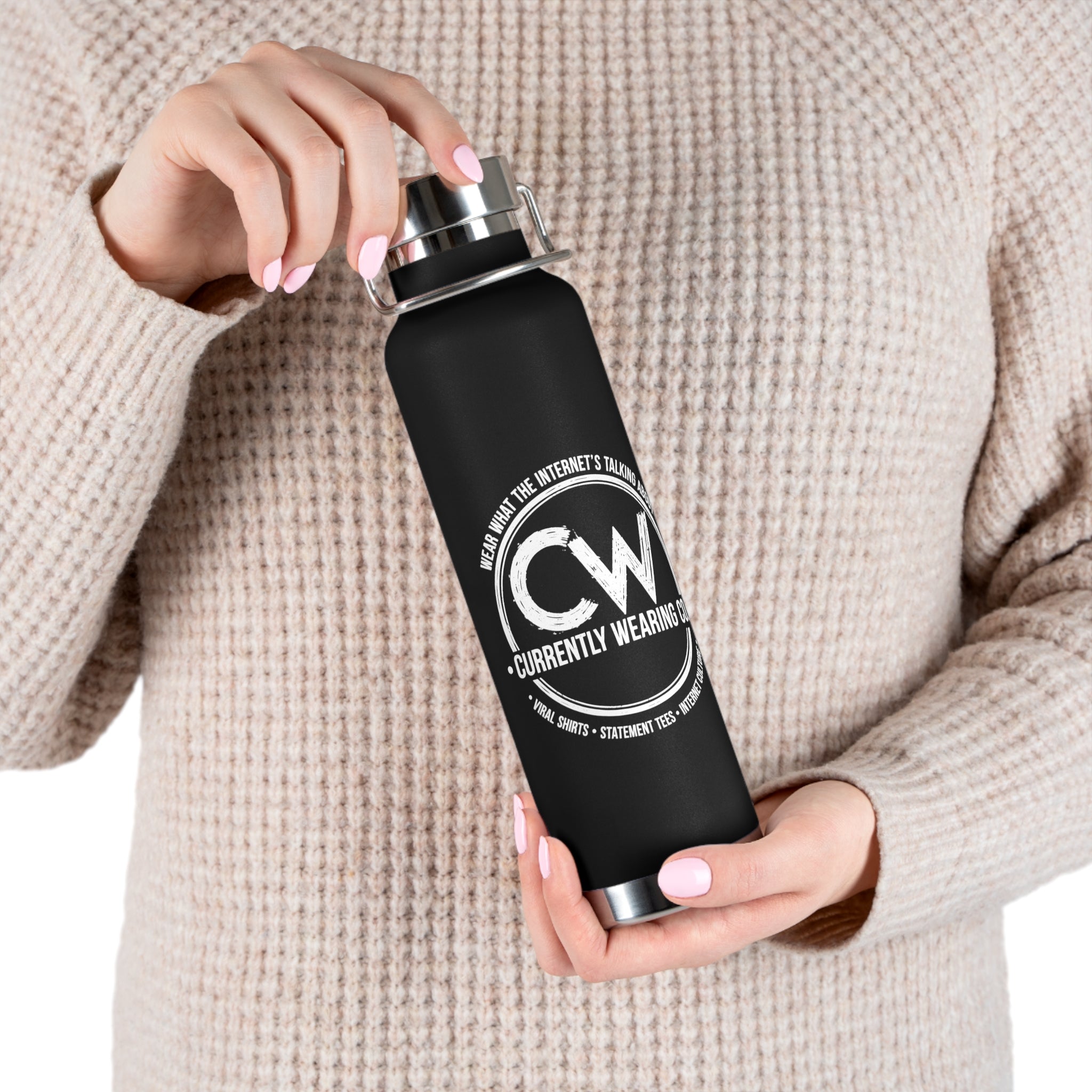Currently Wearing Co Logo Water Bottle - Wear What the Internet's Talking About Insulated Bottle - 22oz Vacuum Sealed Copper Bottle - CW Brand Hydration, Stylish Insulated Water Bottle - Perfect for Outdoors, Gym, Travel, Yoga, Eco-Friendly Gift