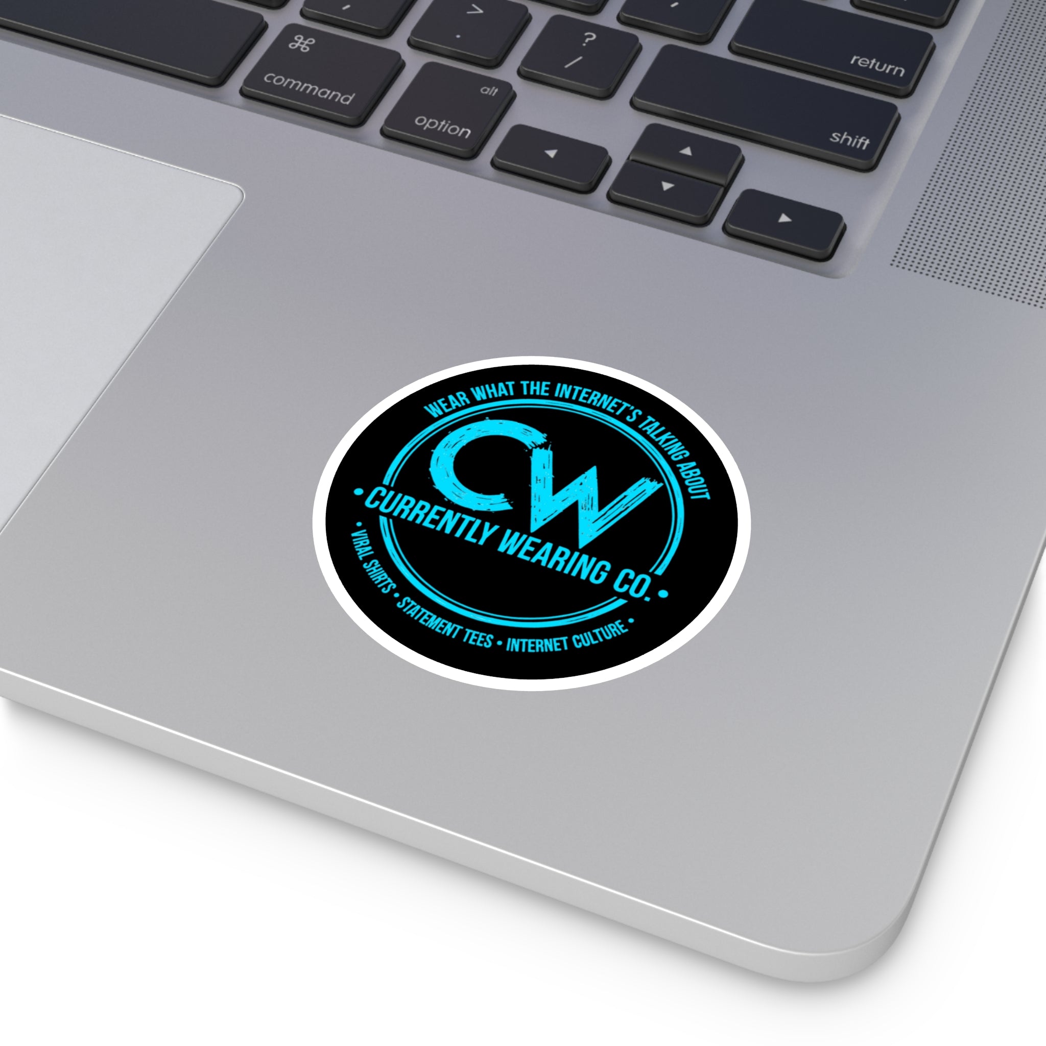 Currently Wearing Co.™ Neon Blue Logo Sticker — Signature Edition, Trendy Round Stickers - Currently Wearing Co. - Internet Culture Decor
