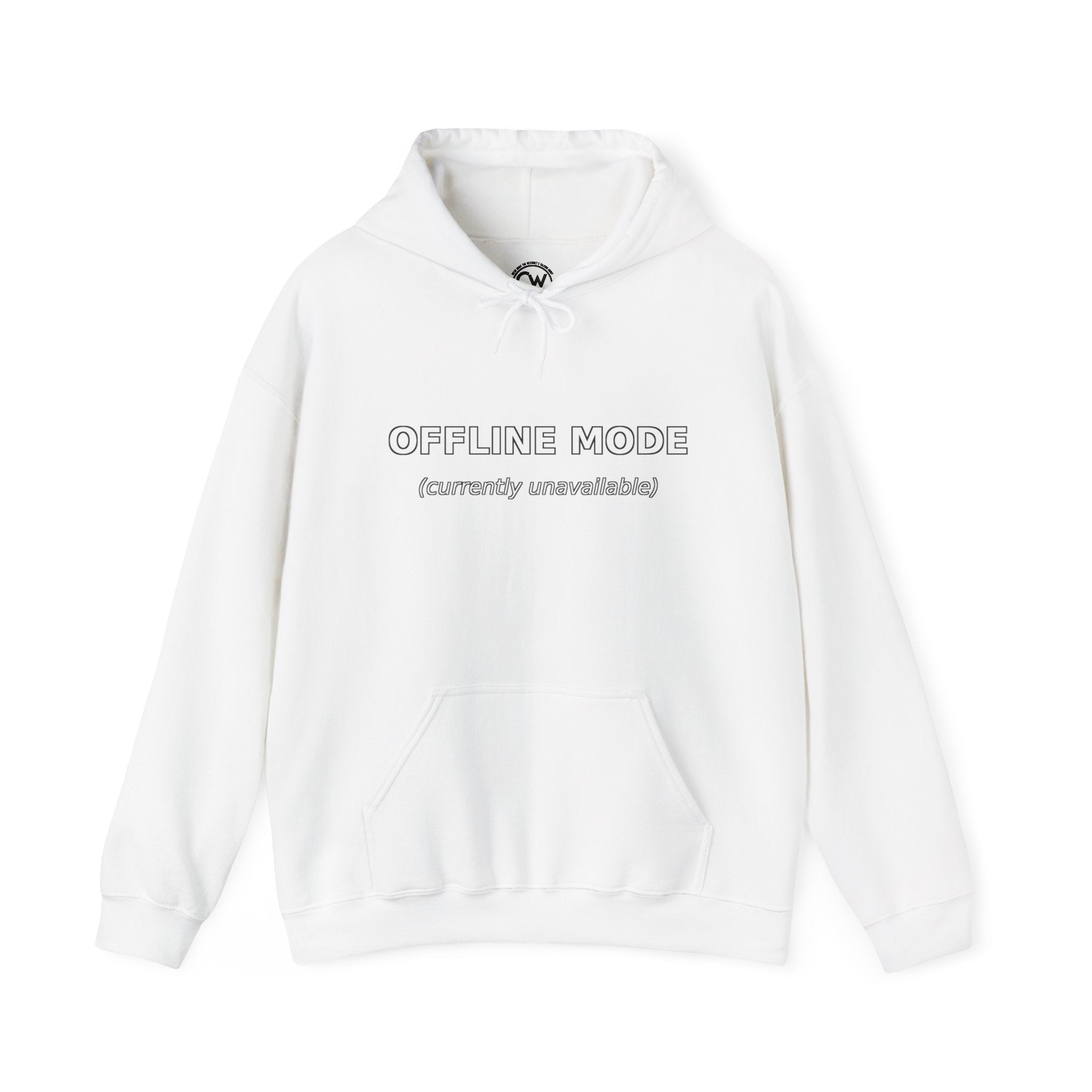 White hoodie with text 'OFFLINE MODE (currently unavailable)' on a white background
